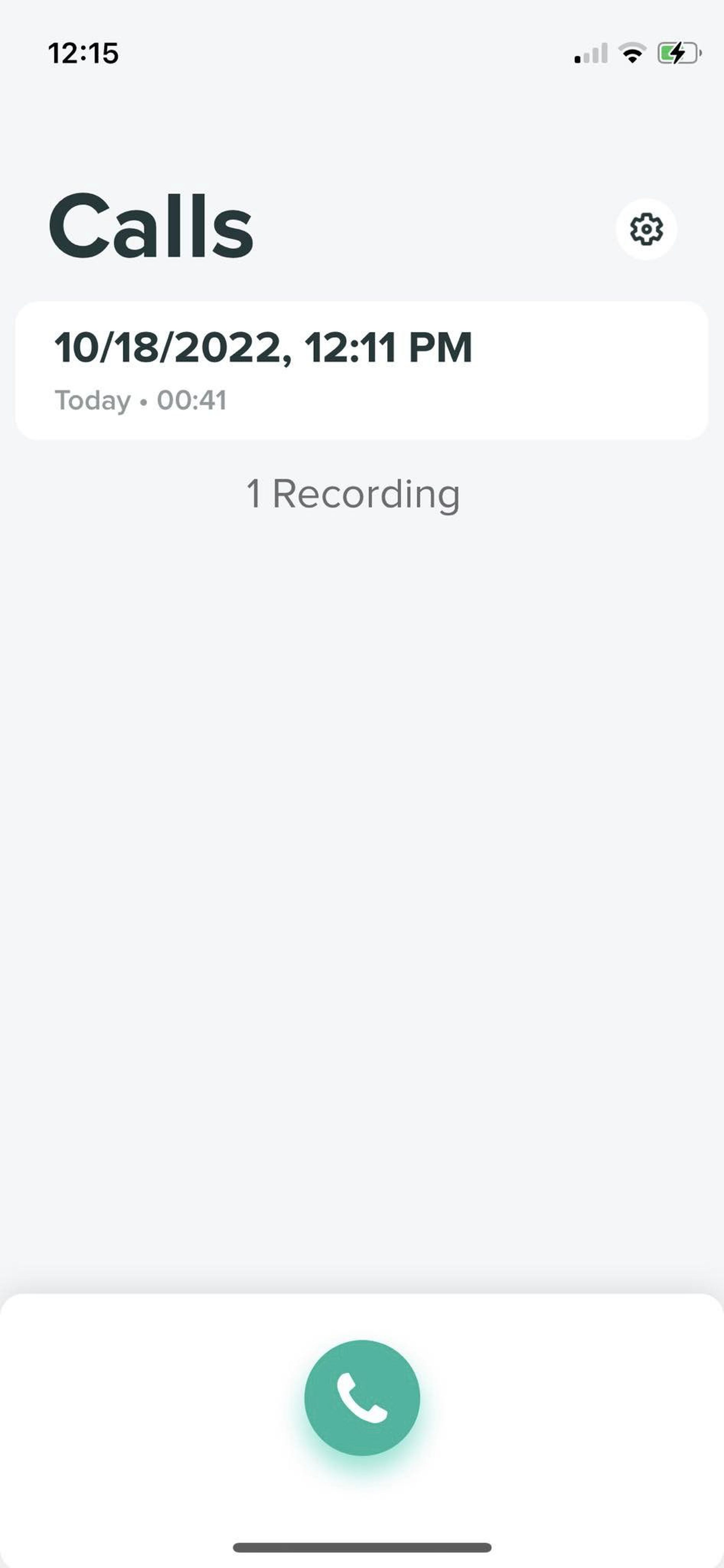 Rev Call Recorder app menu with a circular phone button at the bottom.