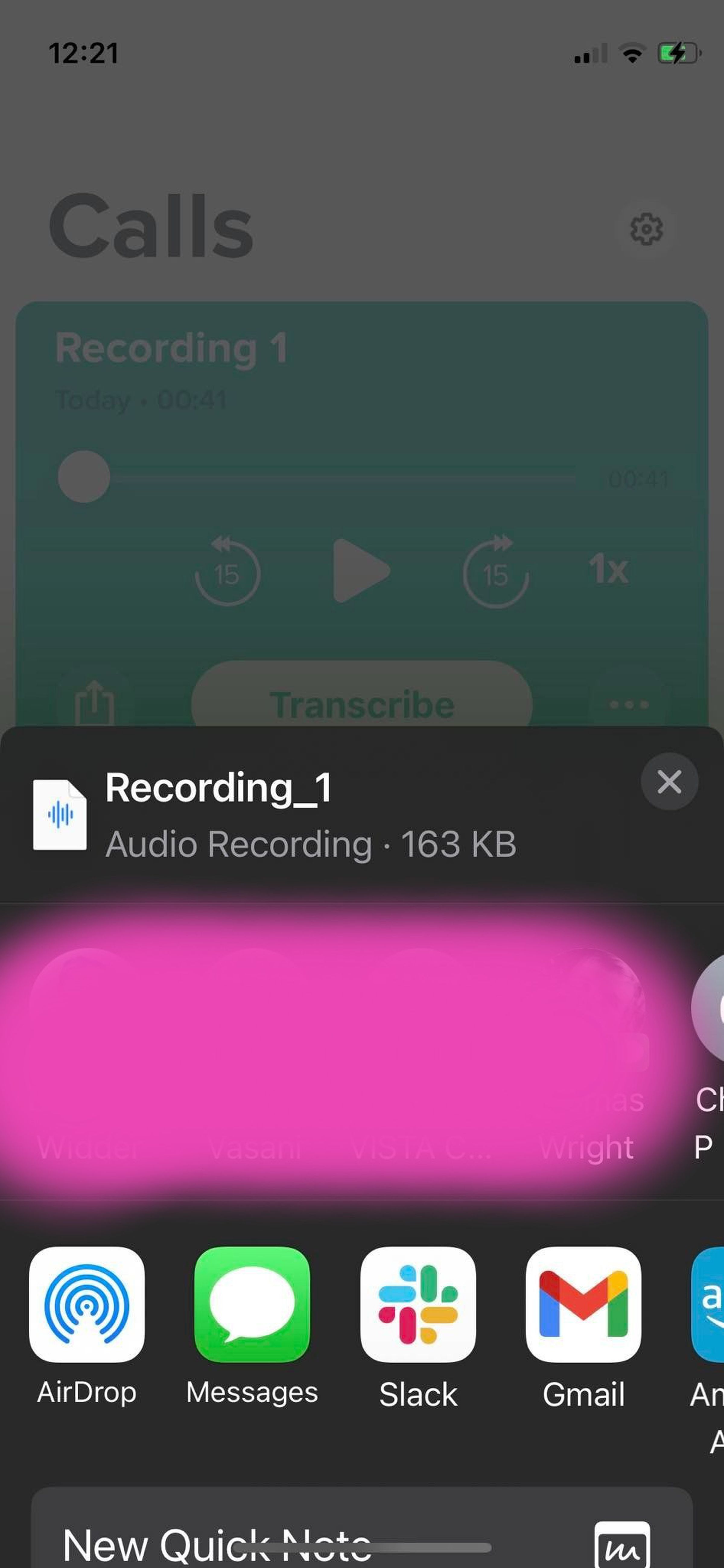 Rev Call Recorder app menu displaying services you can use to share the recording, like AirDrop, Messages, Gmail, and more.