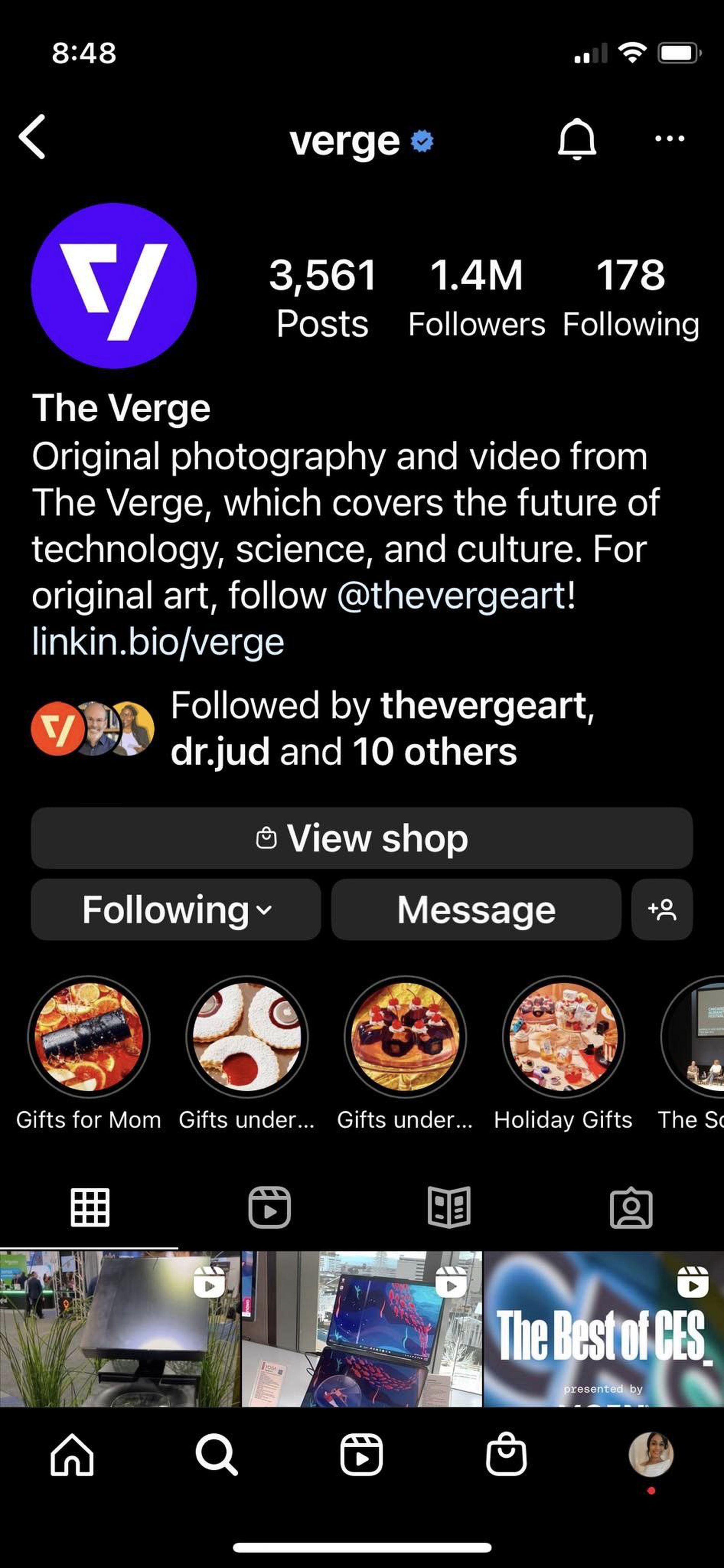 Instagram profile page for The Verge on a phone.