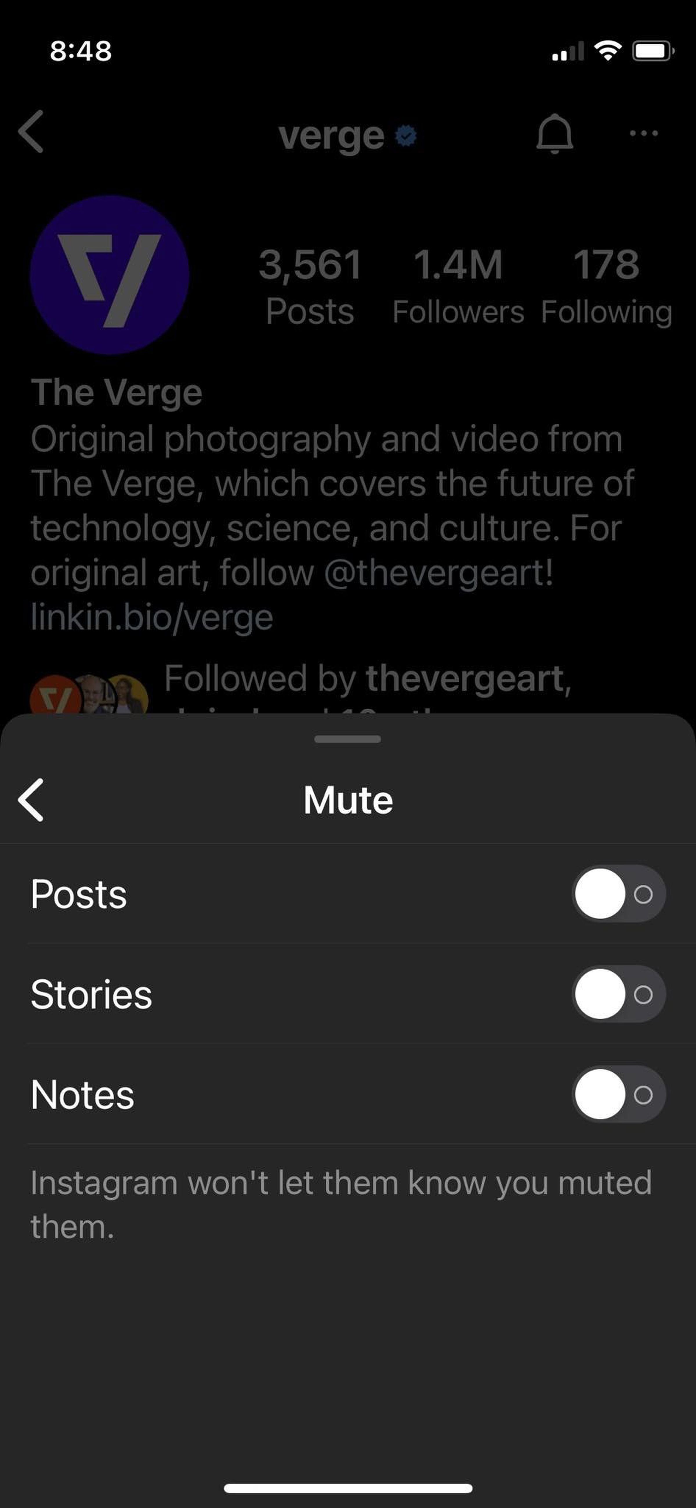 Phone screen with options to mute notes, posts and stories on Instagram.