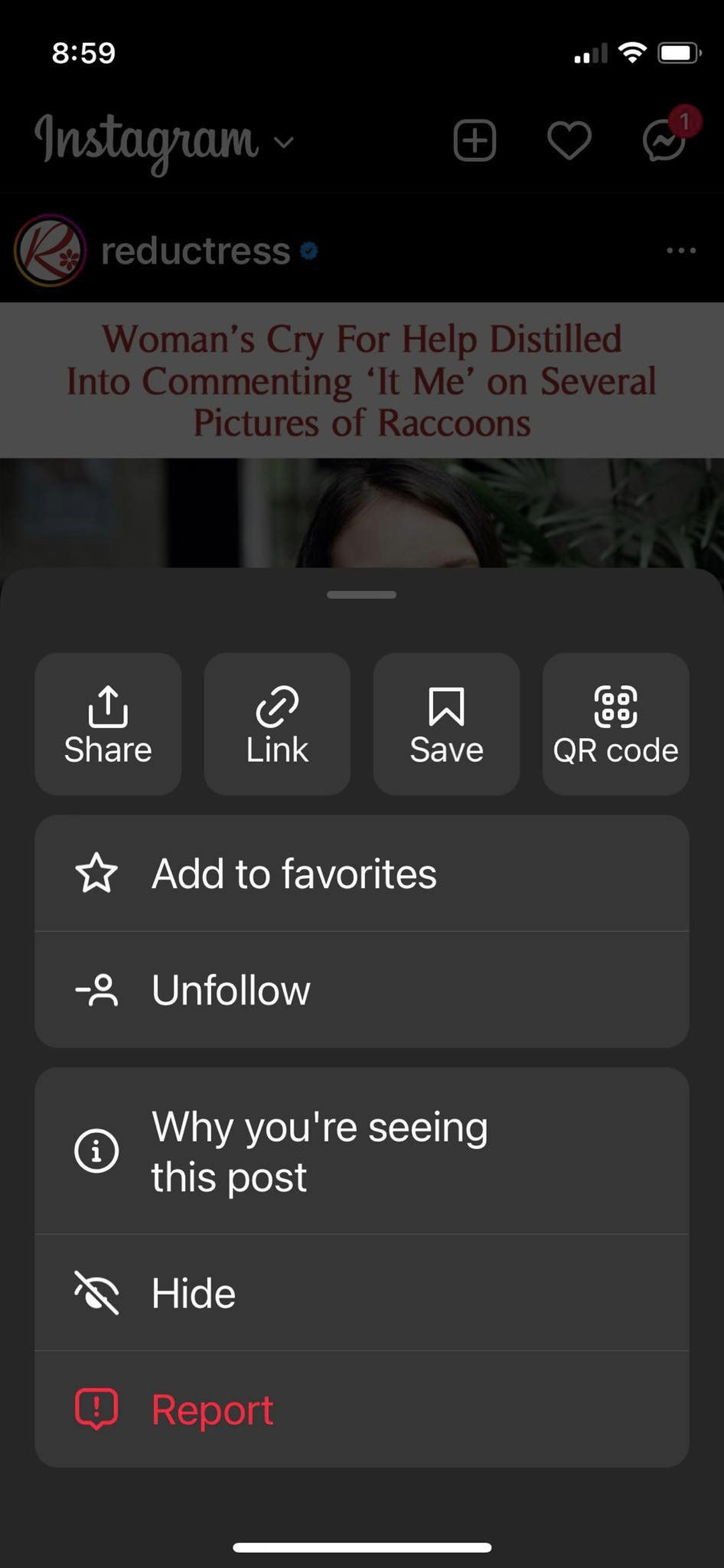 Instagram menu on cell phone providing you with loads alternate choices for a message.