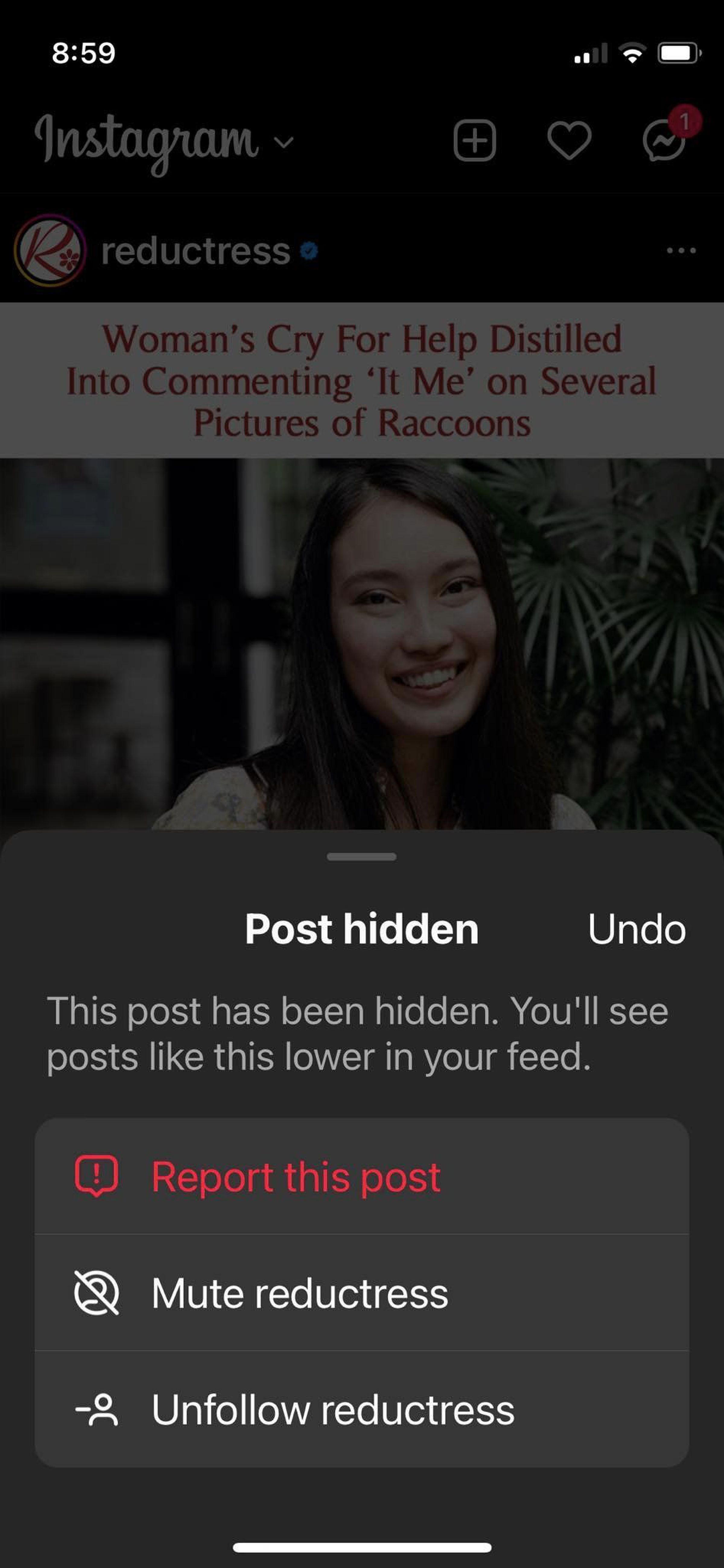 Instagram pop-up menu headed Post hidden with various options.