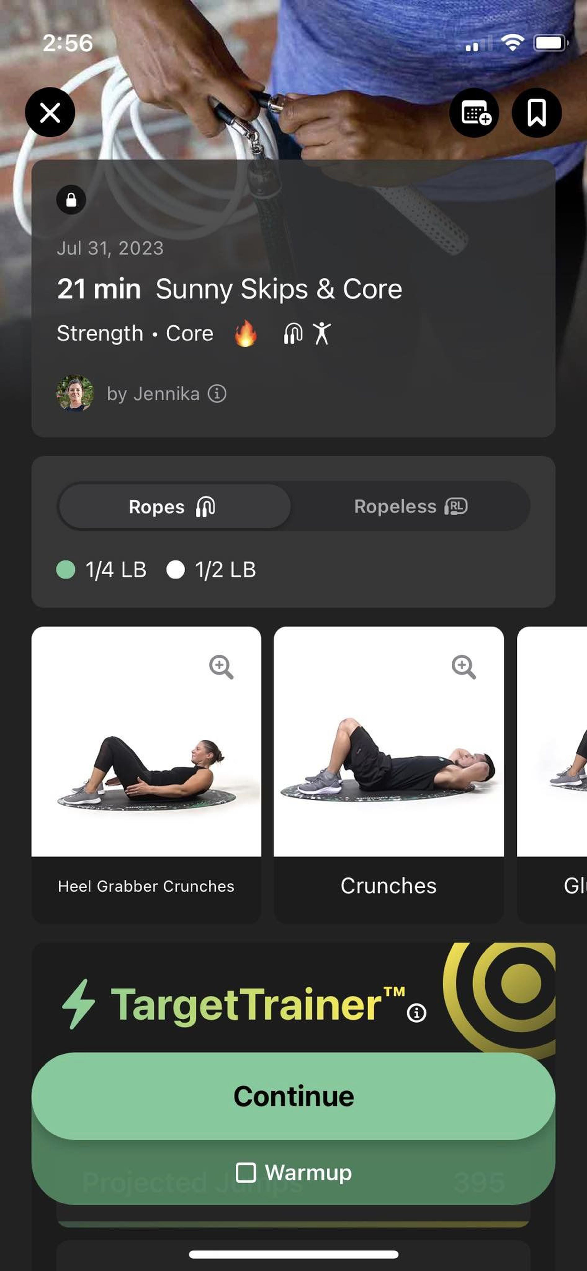 A screenshot of a Crossrope’s app listing for a workout to strengthen your core, with a 3D avatar of a personal trainer performing crunches.