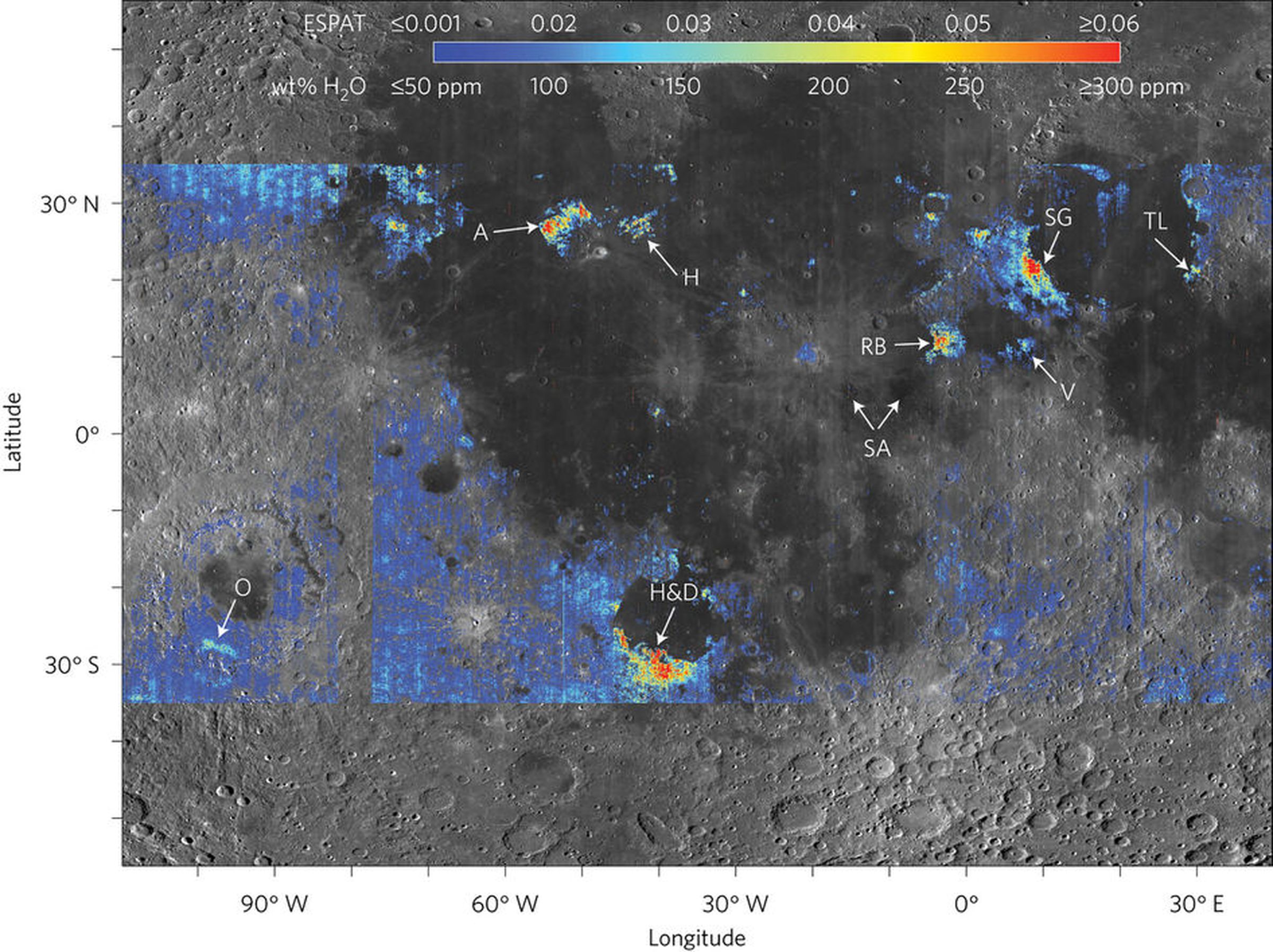 This map shows where the water-rich deposits are on the surface of the Moon.