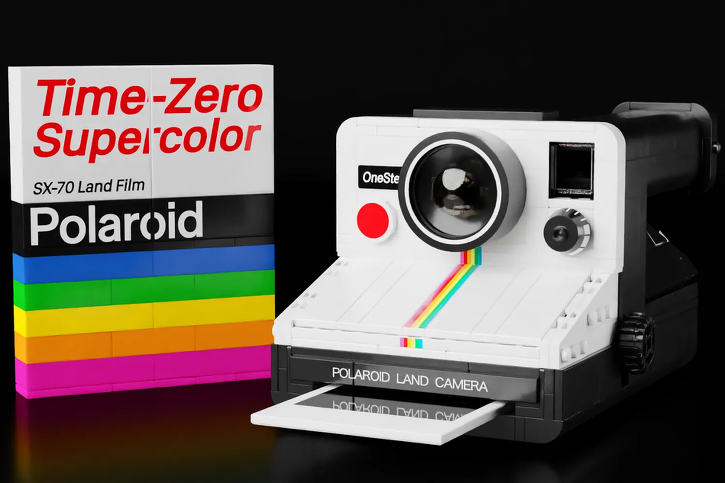 Mocked-up image of a Lego model of a Polaroid Land Camera along with a model of a box of film.