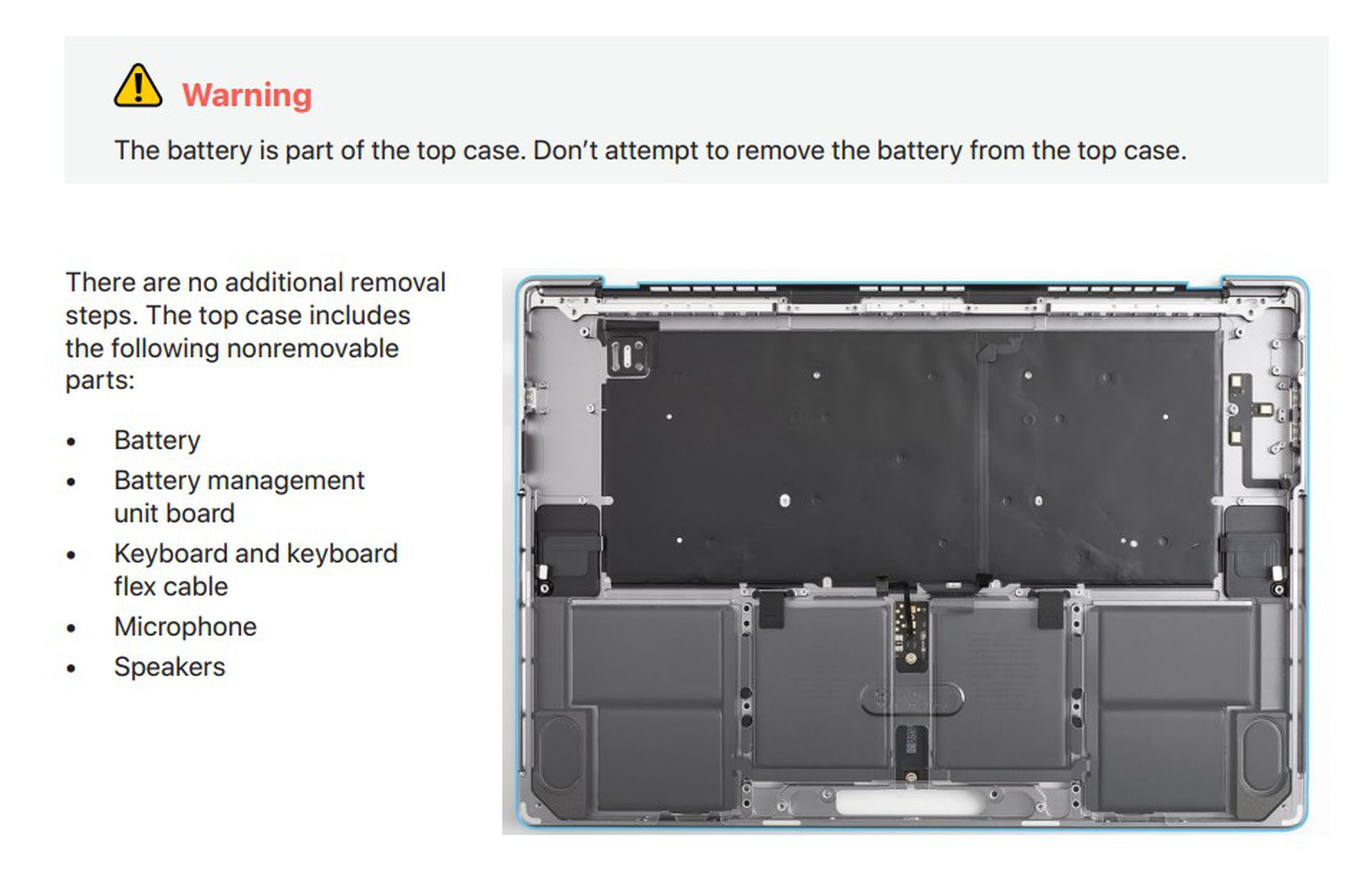 The battery, speakers, microphone, and keyboard are fixed to the top case of 2021 MacBook Pros.
