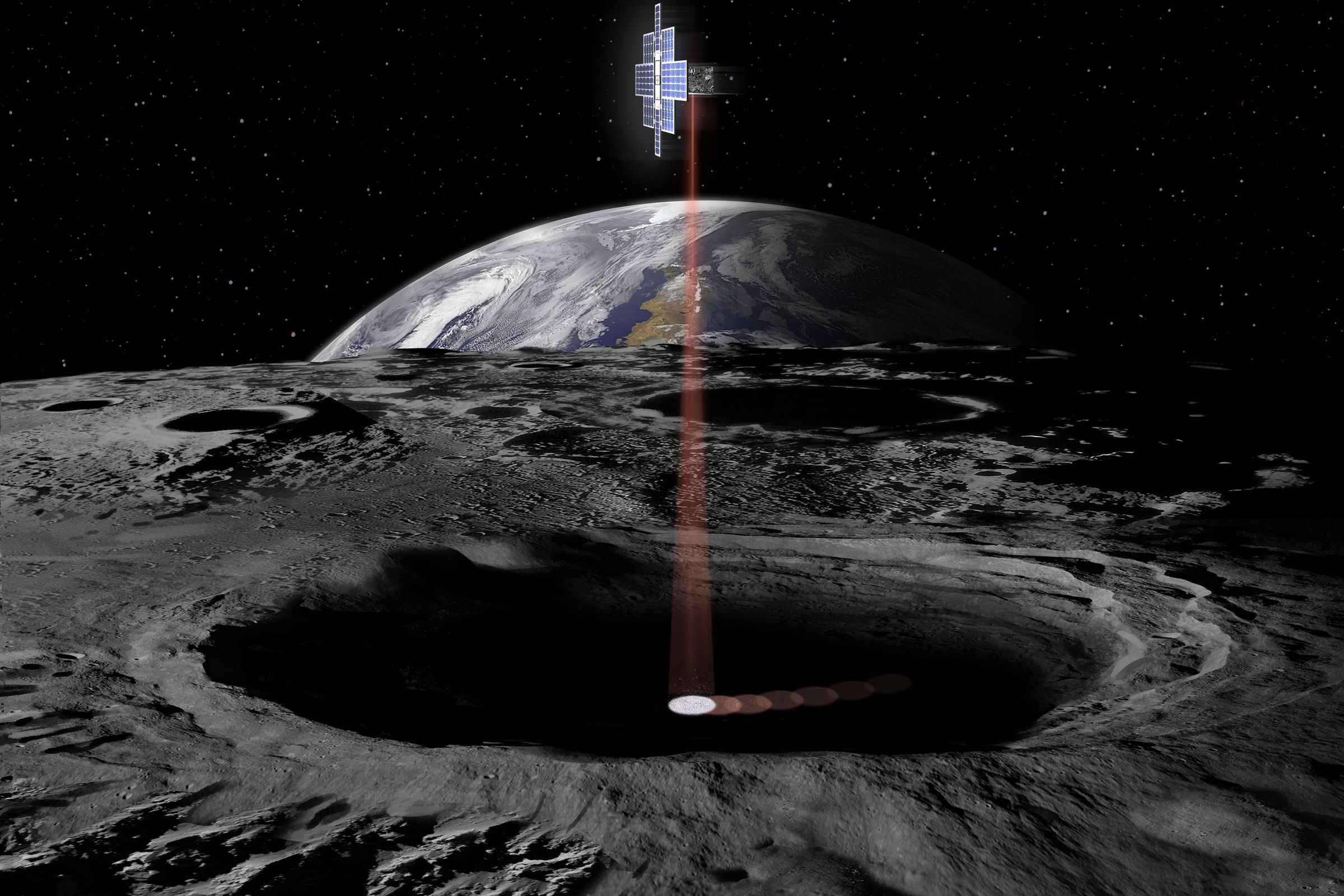 A small solar-paneled spacecraft flies above the moon’s cratered surface. a beam of light emits from the spacecraft, illuminating the crater below. in the background, the curve of the Earth rises above the Moon.
