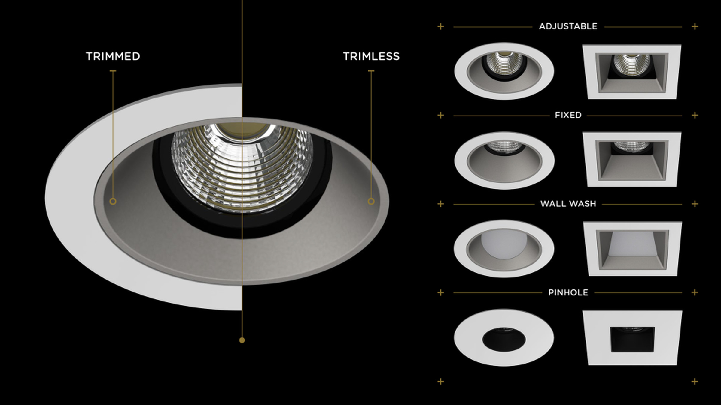 Crestron’s new LED lights come in adjustable, wall wash, fixed frame, and pinhole fixtures, with square or round trims. 