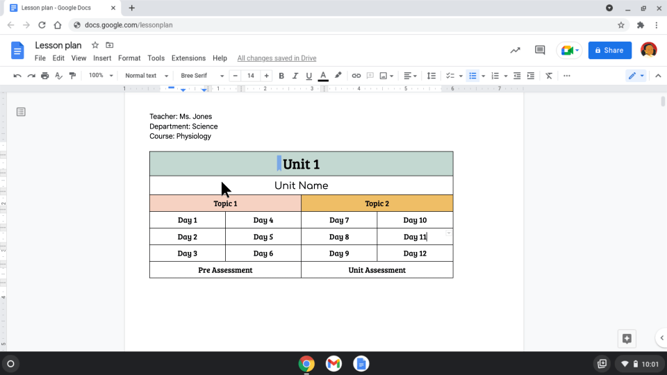 The process of creating a building block in Google Docs, involving highlighting a table, selecting Create Custom Building Block, entering the name Lesson Plan, and clicking Save.