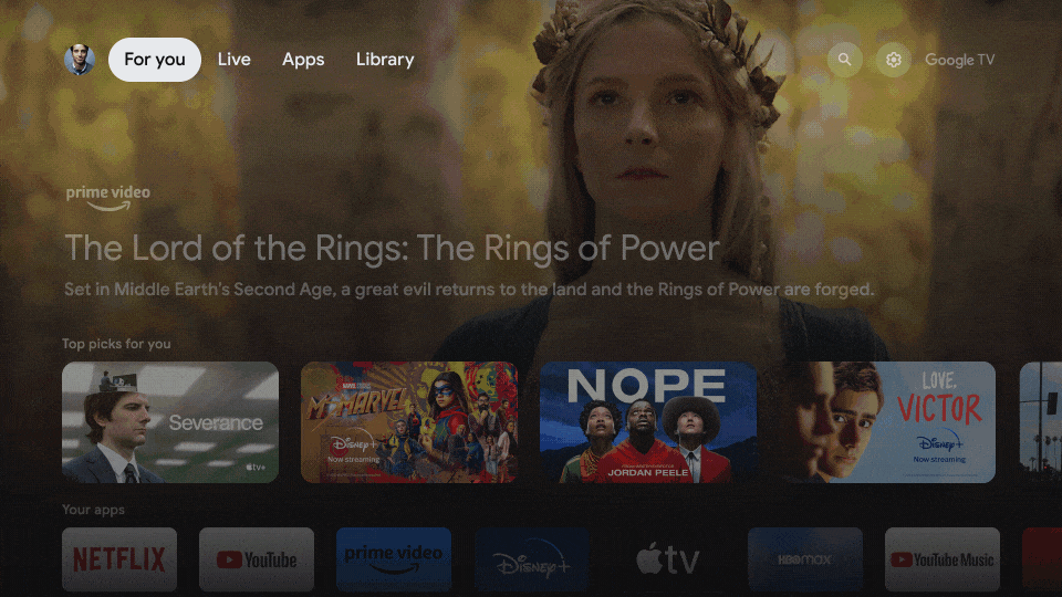A GIF animation of the new Google TV live TV guide with FAST channels.