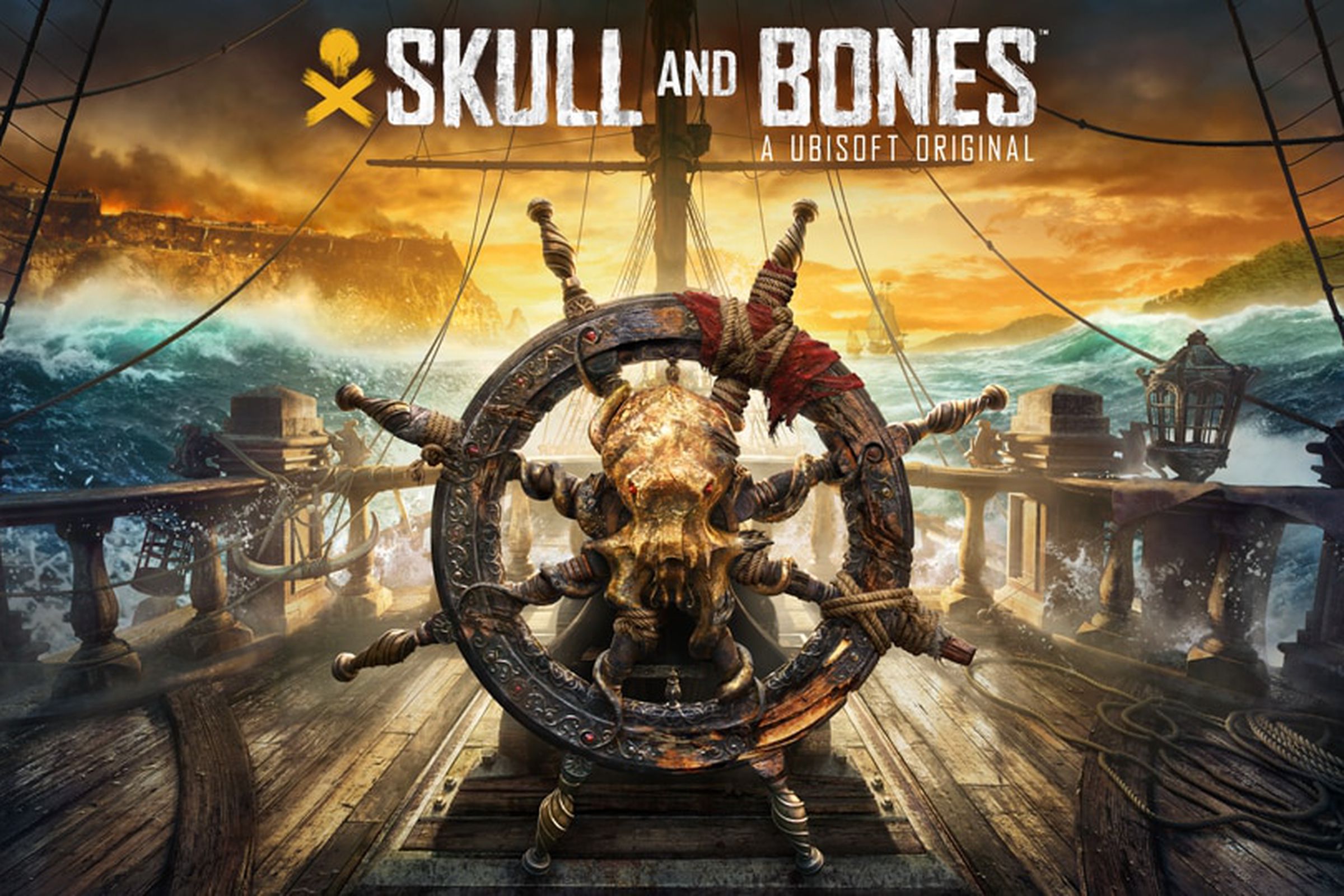 Promotional artwork for Ubisoft’s Skull and Bones featuring an image of a ship’s navigation wheel adorned with the skull of a deep sea creature with the words “Skull and Bones, an Ubisoft Original” overhead