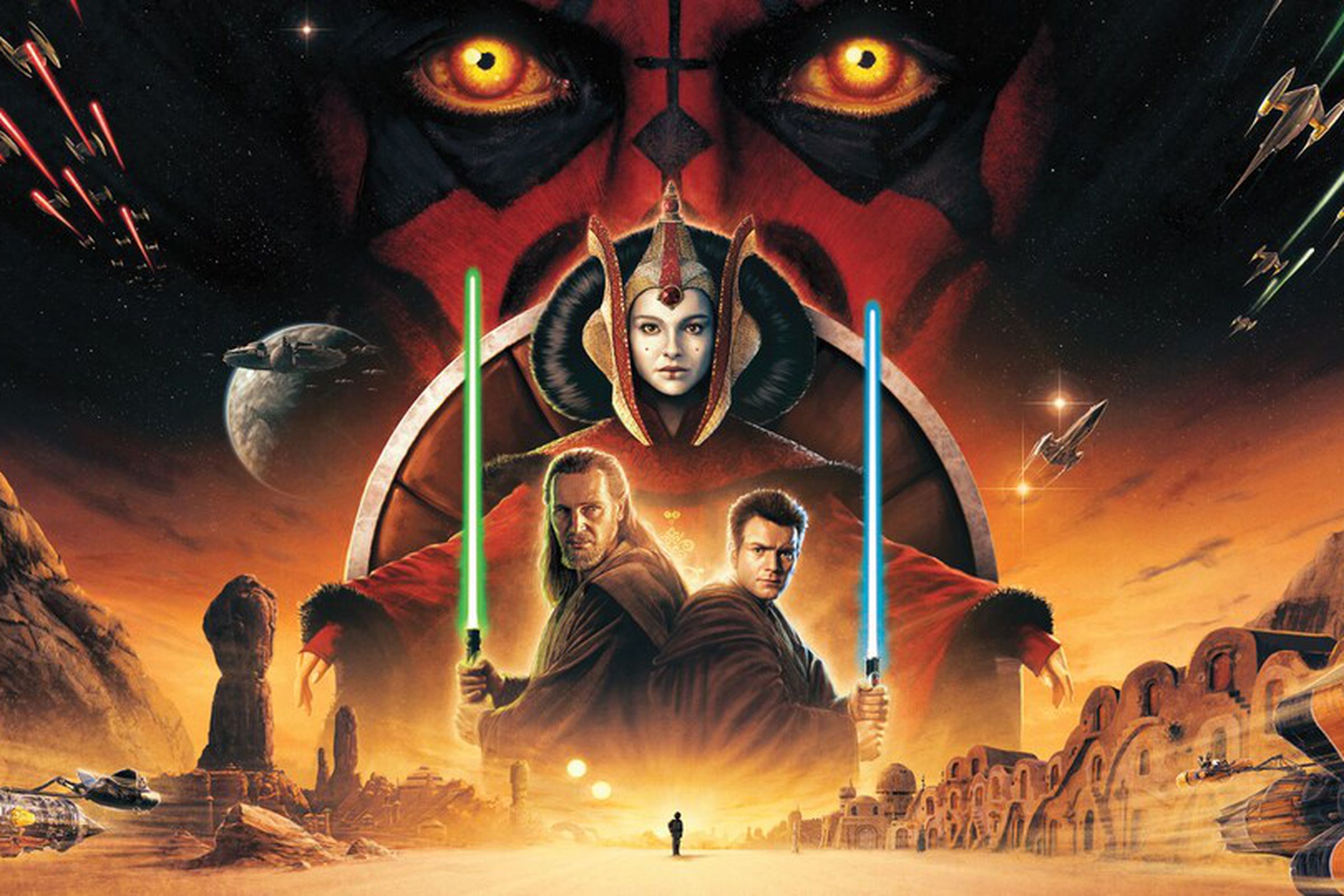 A poster for Star Wars Episode I depicts Qui-Gonn and Obi-wan with their lightsabers beneath Queen Amidala, with the upper part of Darth Maul looming behind them all. Below, Anakin’s shadow walks toward the setting suns of Tatooine. 