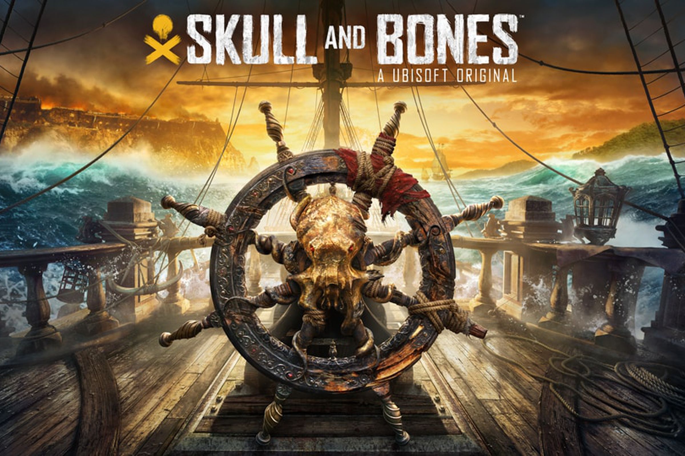 Promotional artwork for Ubisoft’s Skull and Bones featuring an image of a ship’s navigation wheel adorned with the skull of a deep sea creature with the words “Skull and Bones, an Ubisoft Original” overhead