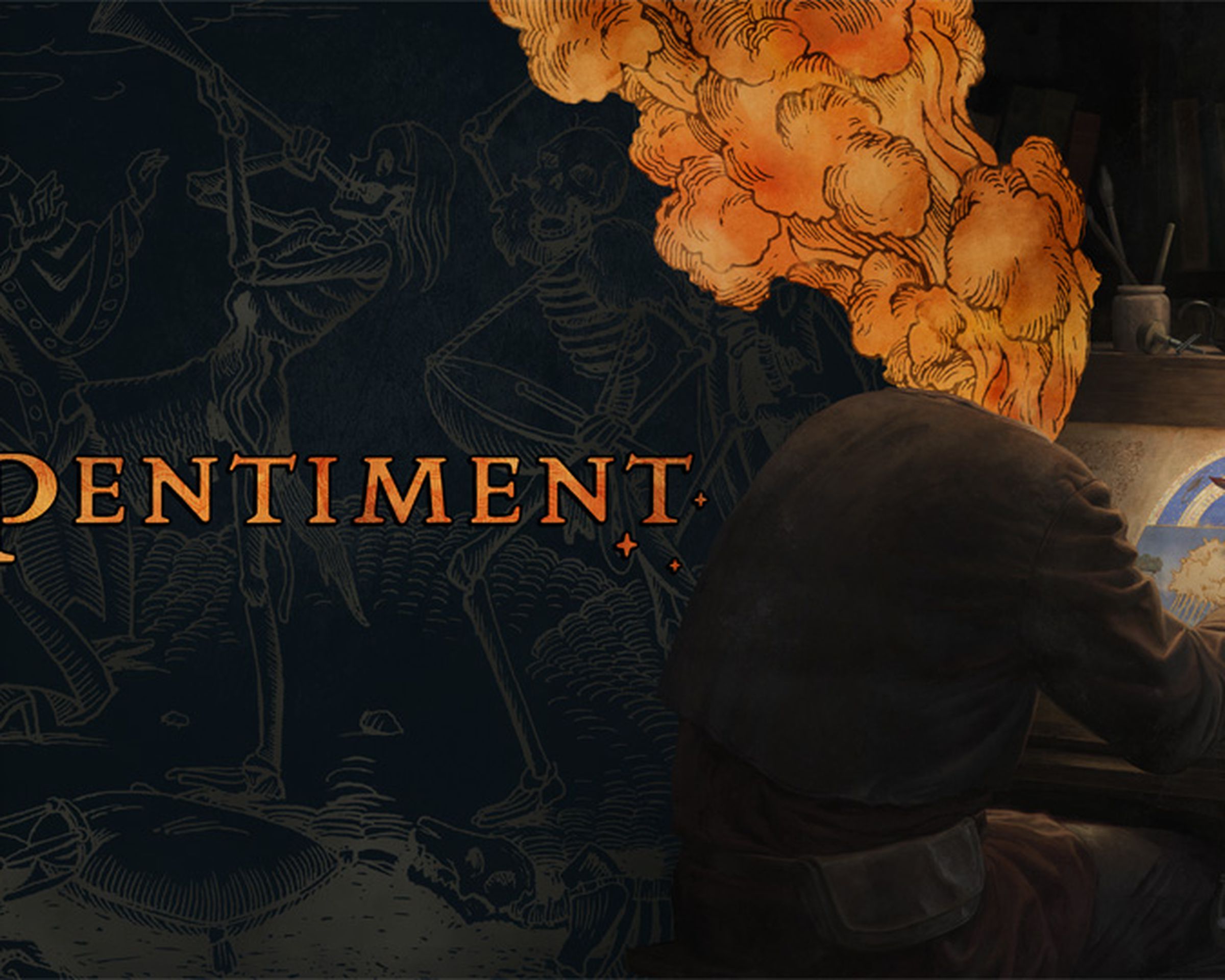 Graphic from the video game Pentiment featuring an artist with orange smoke billowing from their head sitting down to draw.