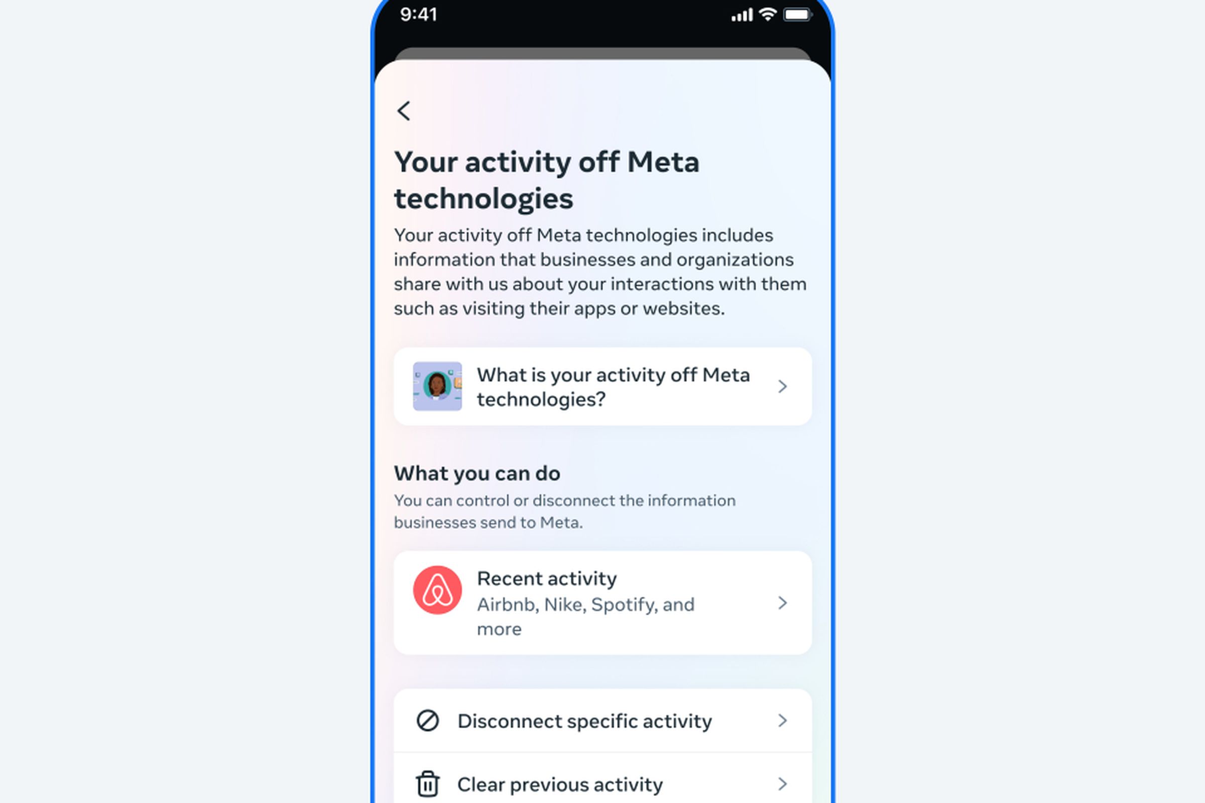 An image showing the “Your activities off Meta” feature within the Accounts Center