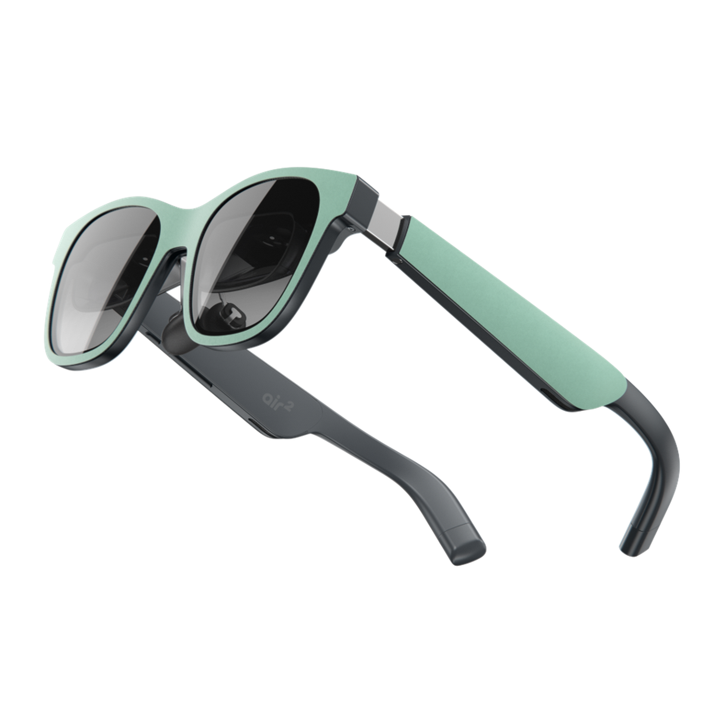 A pair of Xreal Air 2 glasses with stick-on green front and side plates.