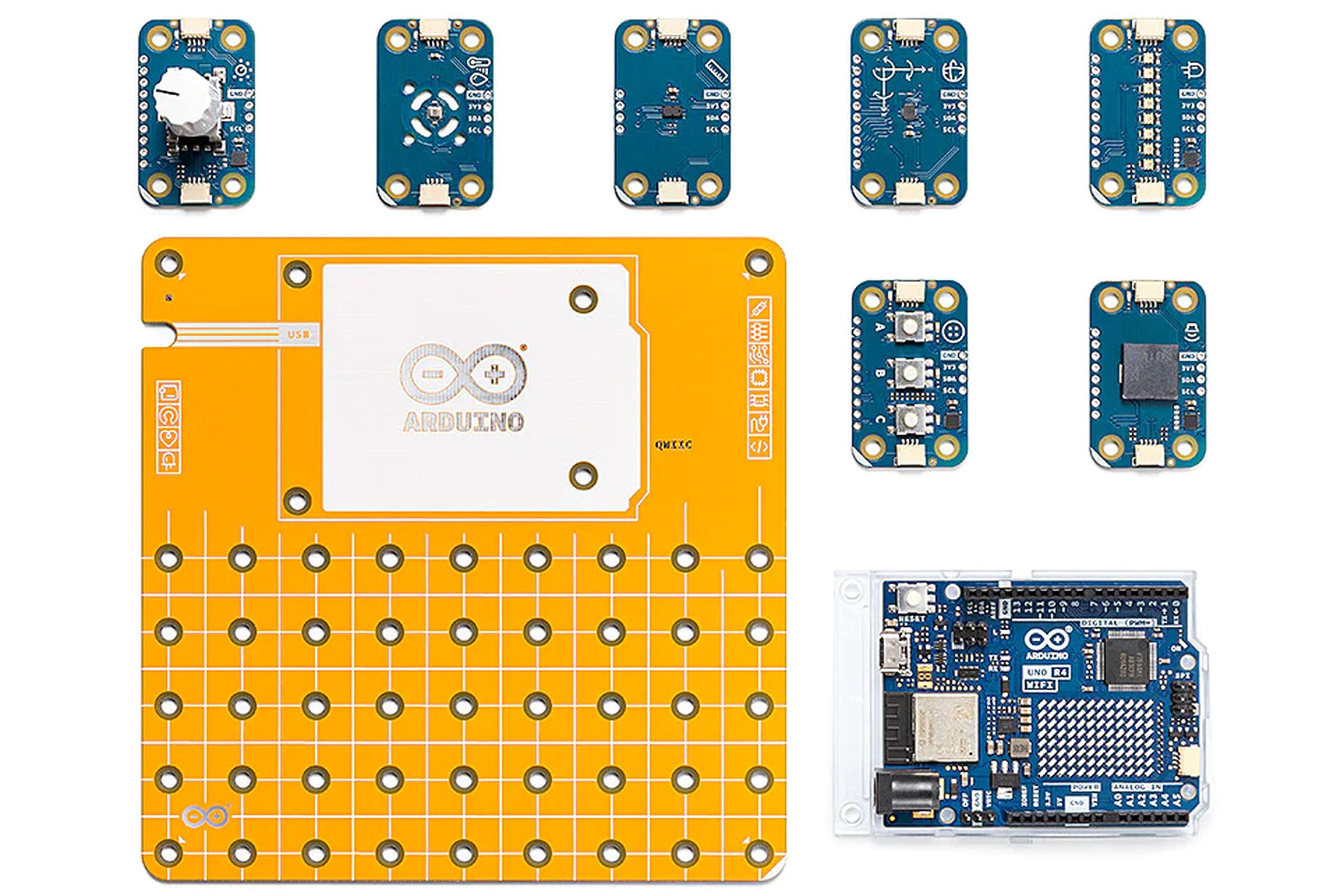 The various electronic components included with the Arduino Plug and Make Kit.