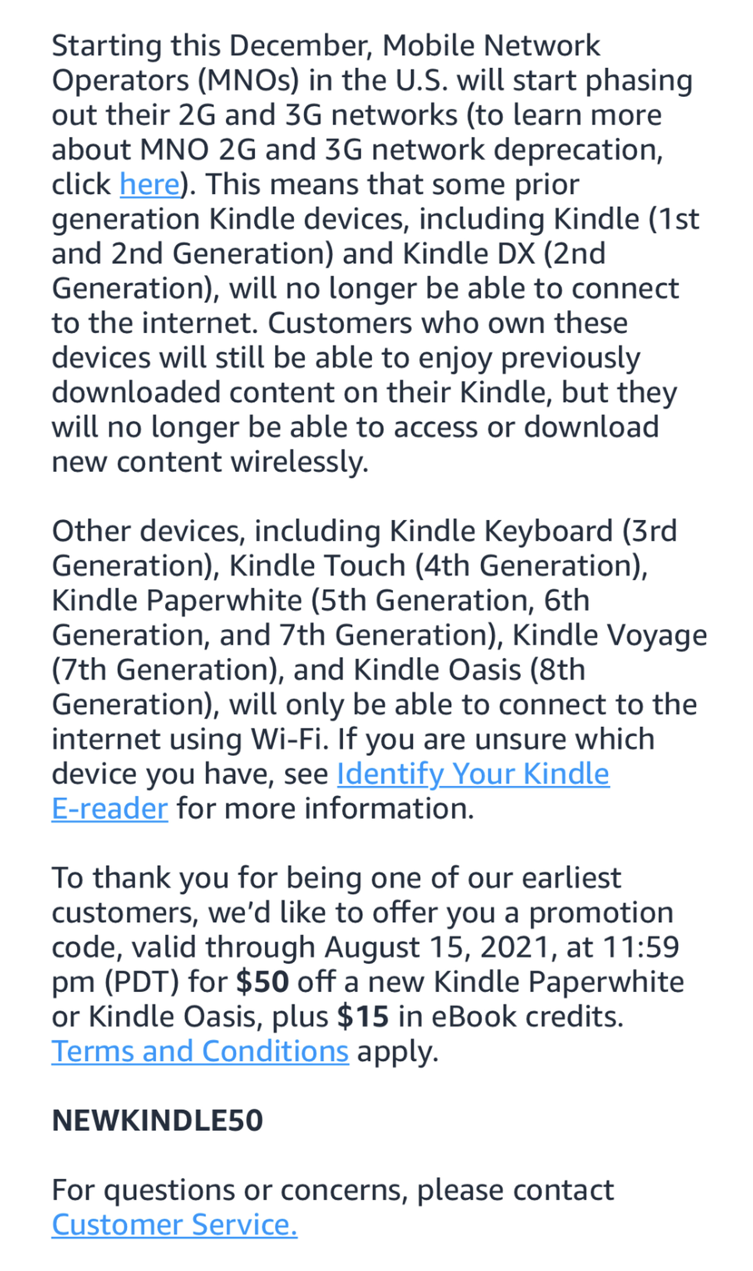 Amazon’s email announcing the end of internet connectivity on older Kindles.