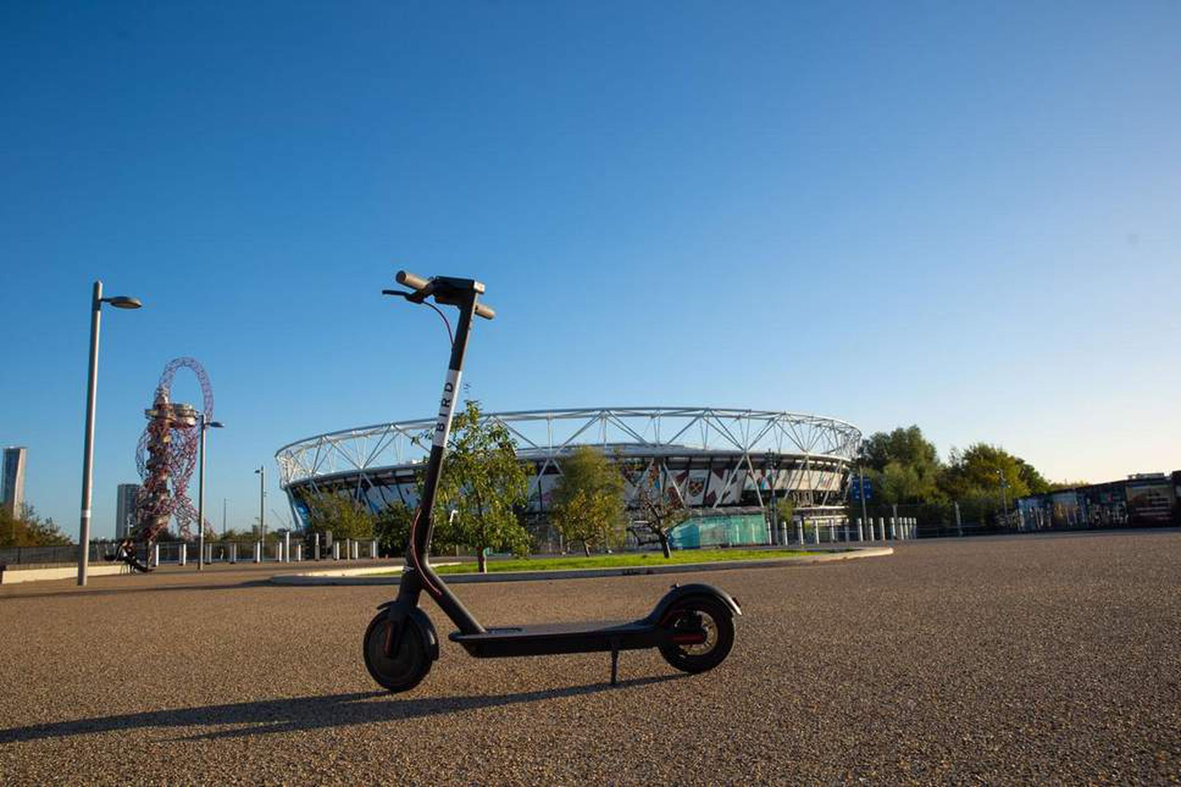 One of Bird’s electric scooters in London’s Olympic Park. 