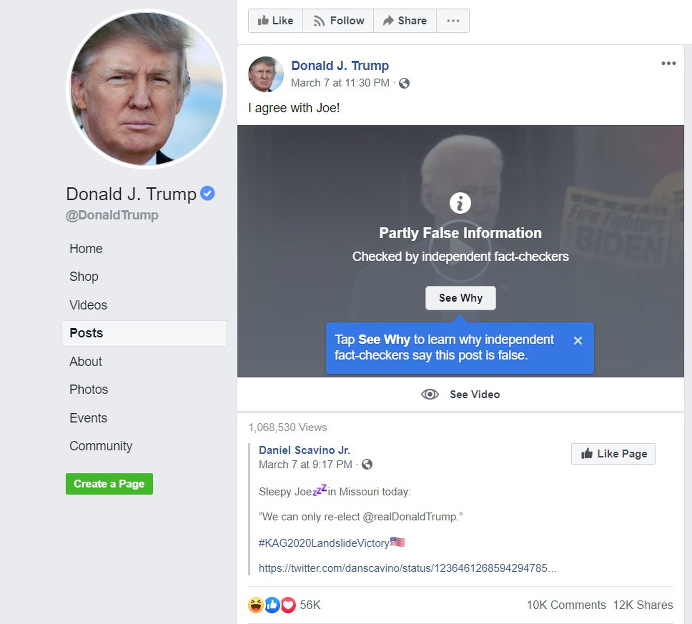 Screenshot of President Trump’s Facebook page