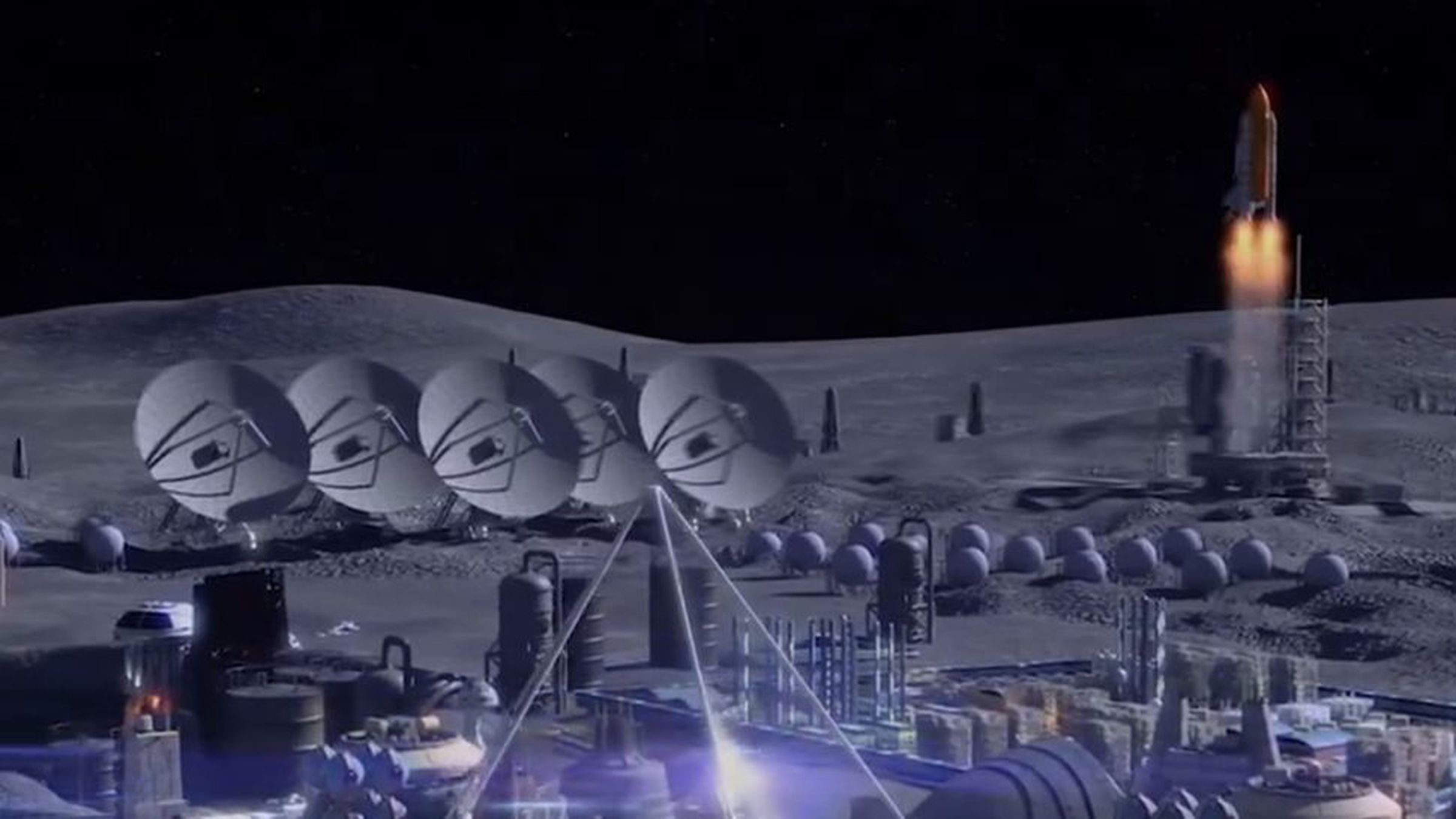 A screenshot of a moon base, with the US Space Shuttle lifting off in the background.
