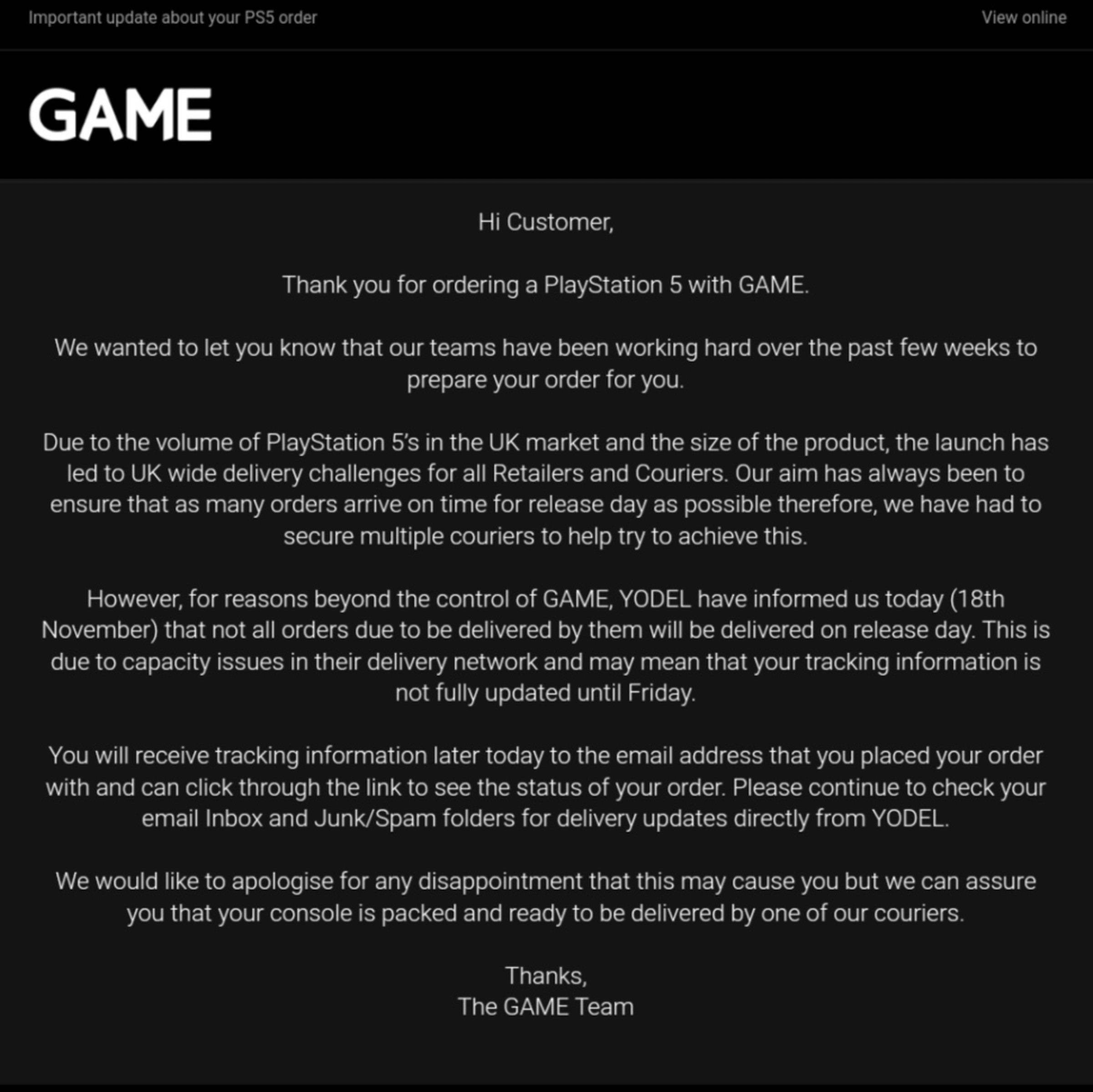 Game’s message to some PS5 customers.