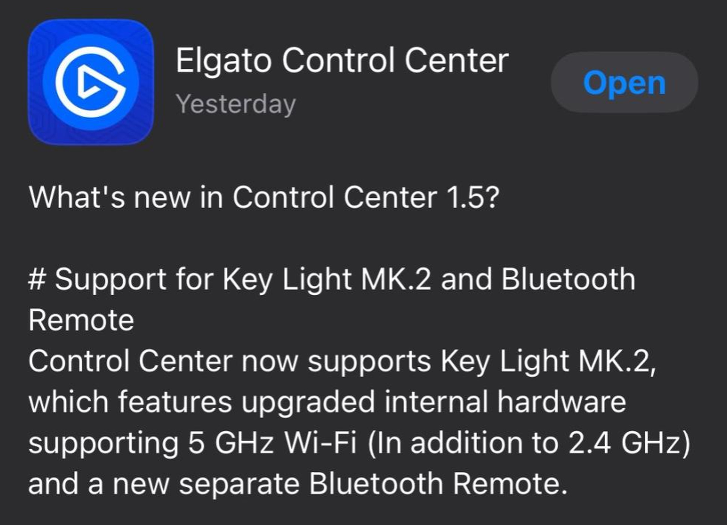 The update notes of Elgato’s Control Center app.