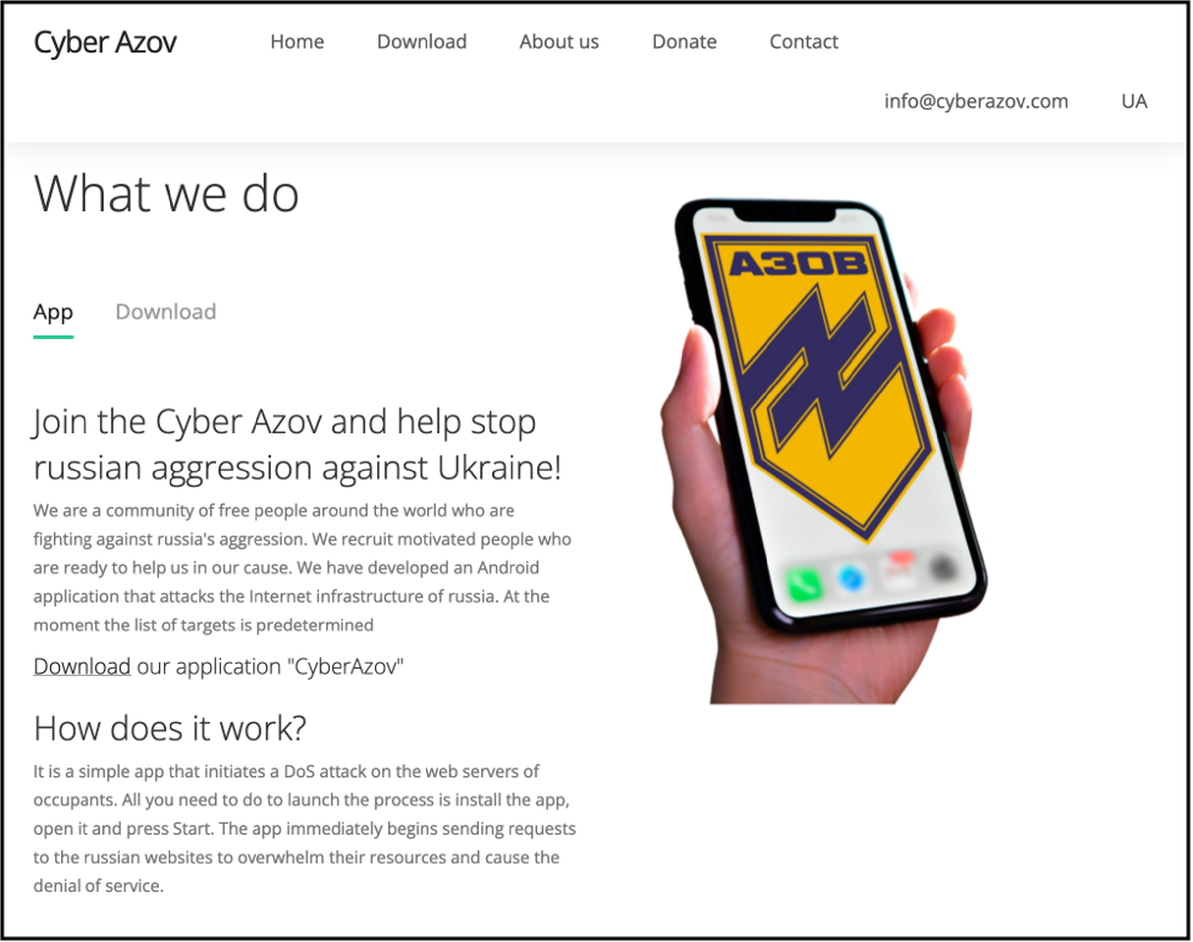 A web page screenshot shows an app labelled “Azov” in the Cyrillic alphabet, with a description asking users to “Join Cyber Azov and help stop Russian aggression against Ukraine”