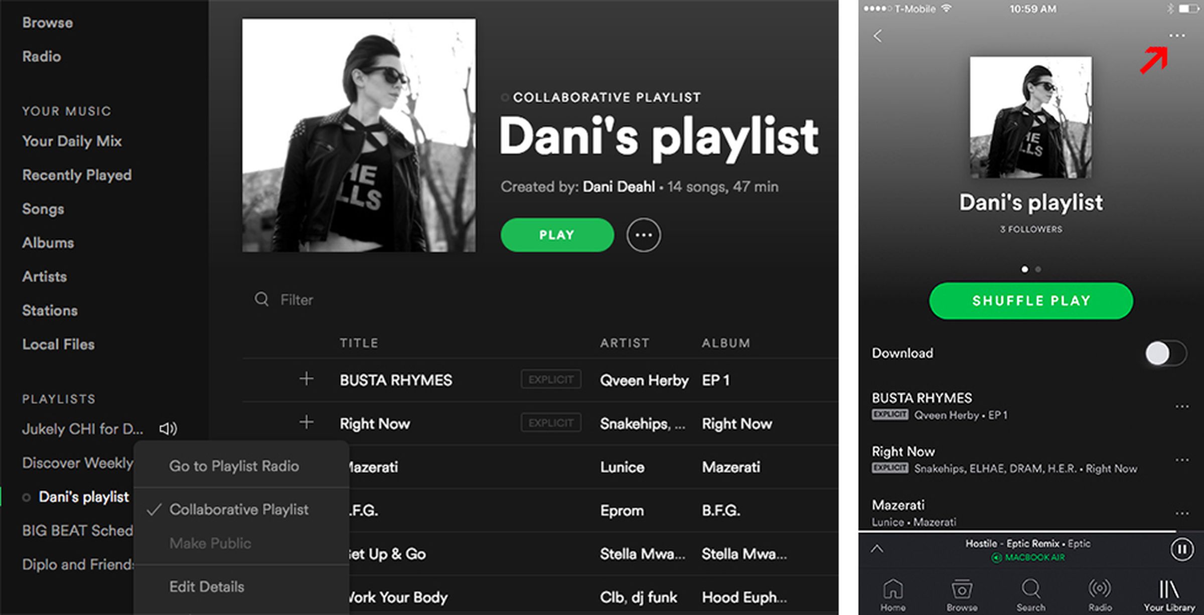 Spotify playlist collaboration for desktop and mobile