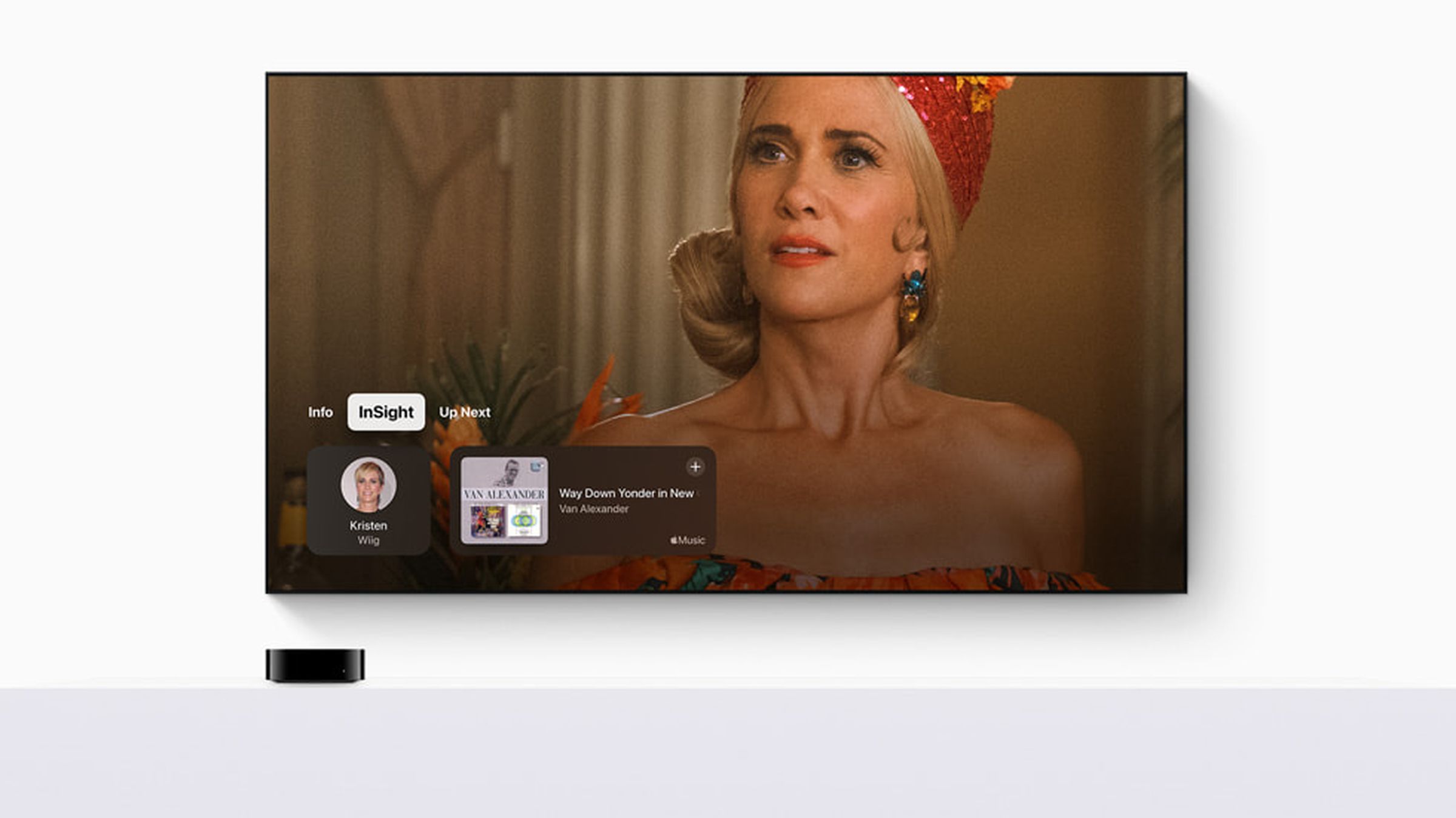 Screenshot of Apple TV Plus showing the “Insight” feature on screen identifying the actor, Kristen Wiig, and the music playing in the scene.