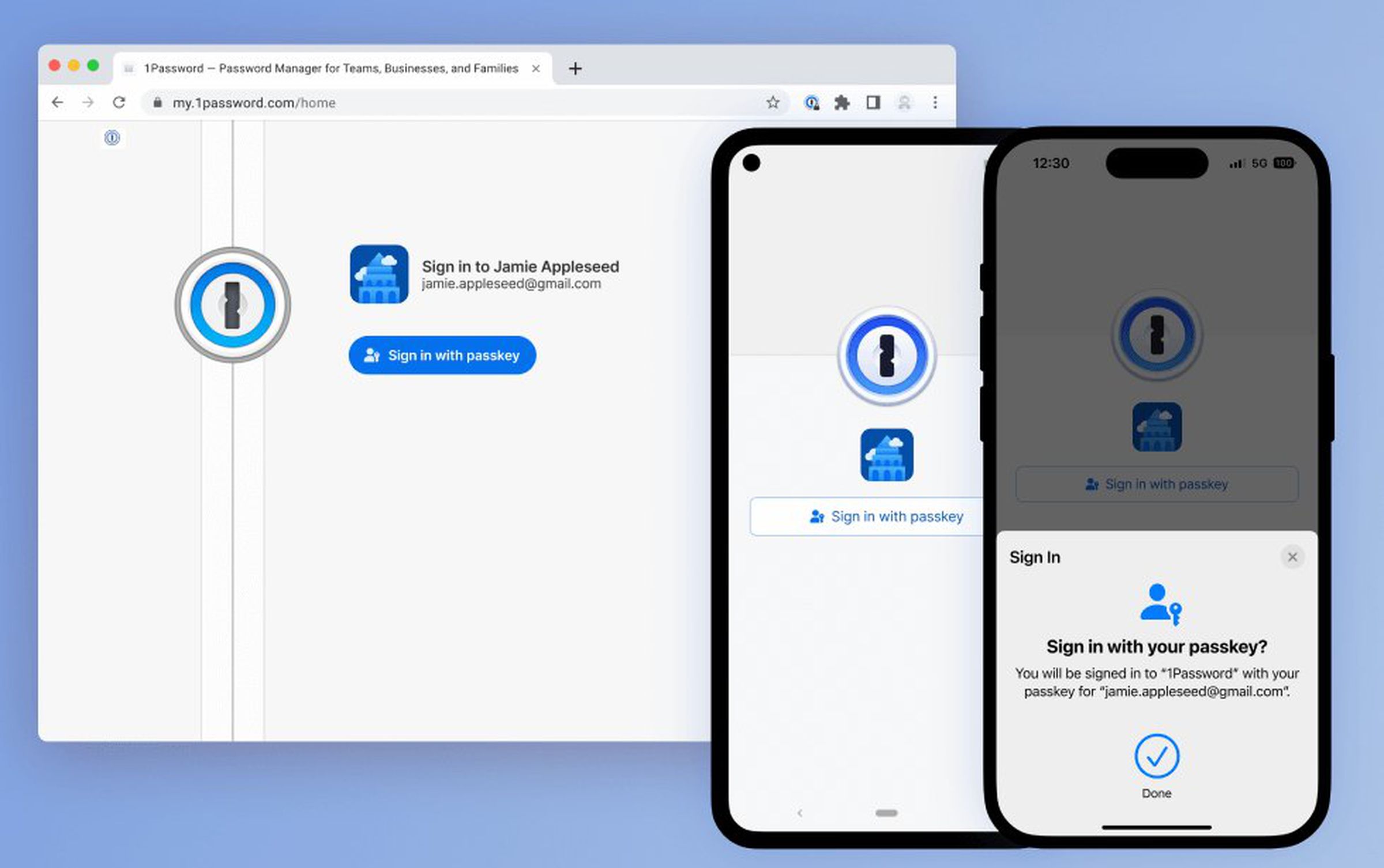 Screenshot of 1Password sign-in screen prompting for a passkey login on the web and on mobile devices.