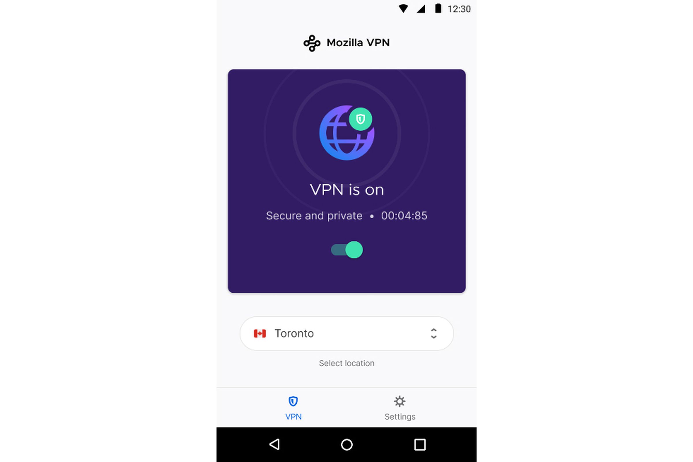 The app provides an on / off switch for the VPN.