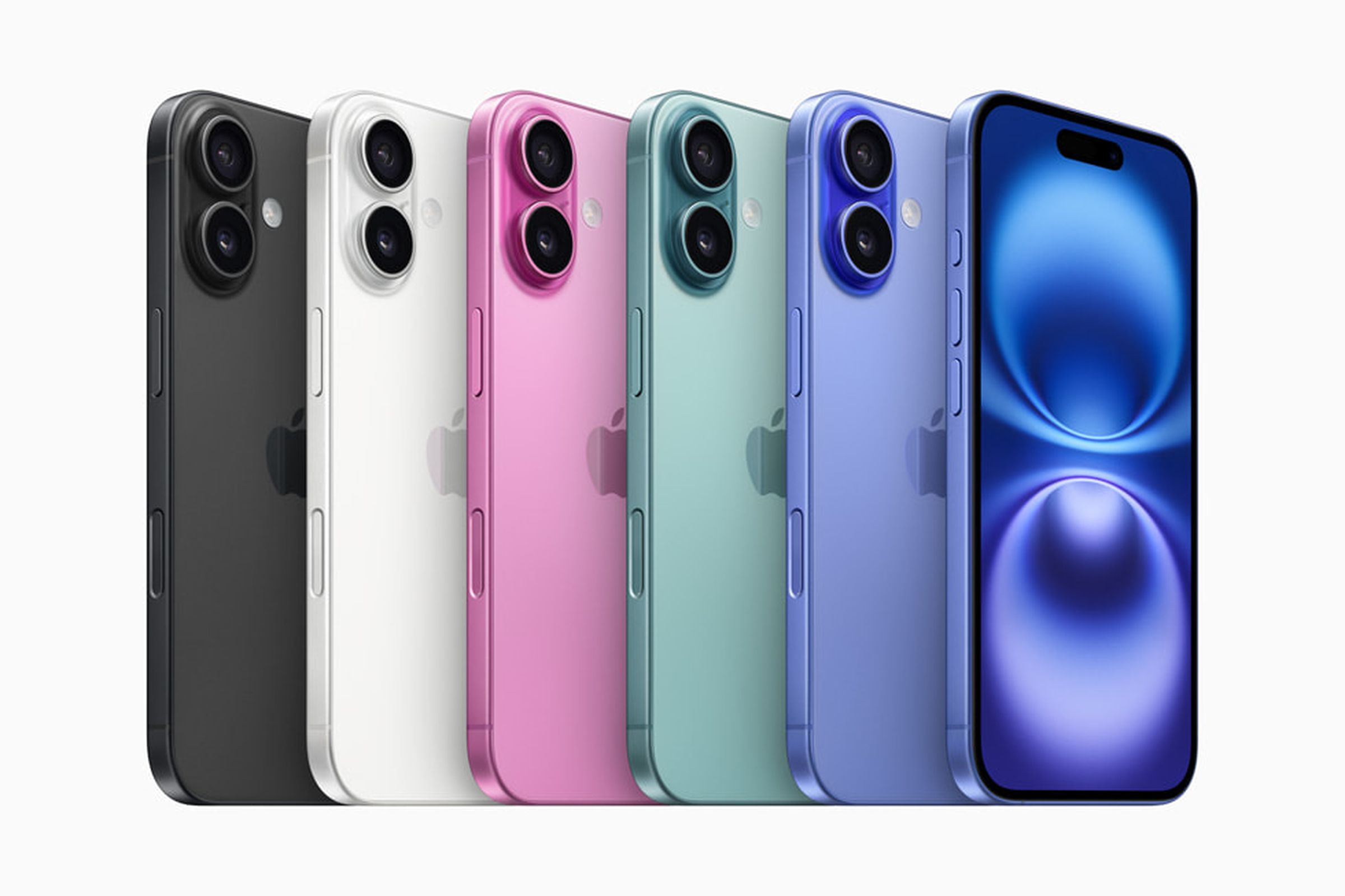 The iPhone 16 comes in five color options, with more saturated tones for the pink, teal, and blue options than seen on prior models.