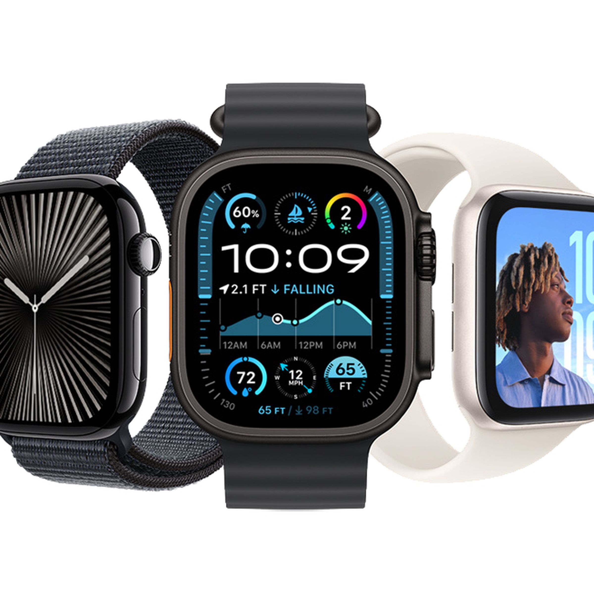 The Apple Watch Ultra 2, Apple Watch Series 10, and Apple Watch SE centered on a white background.