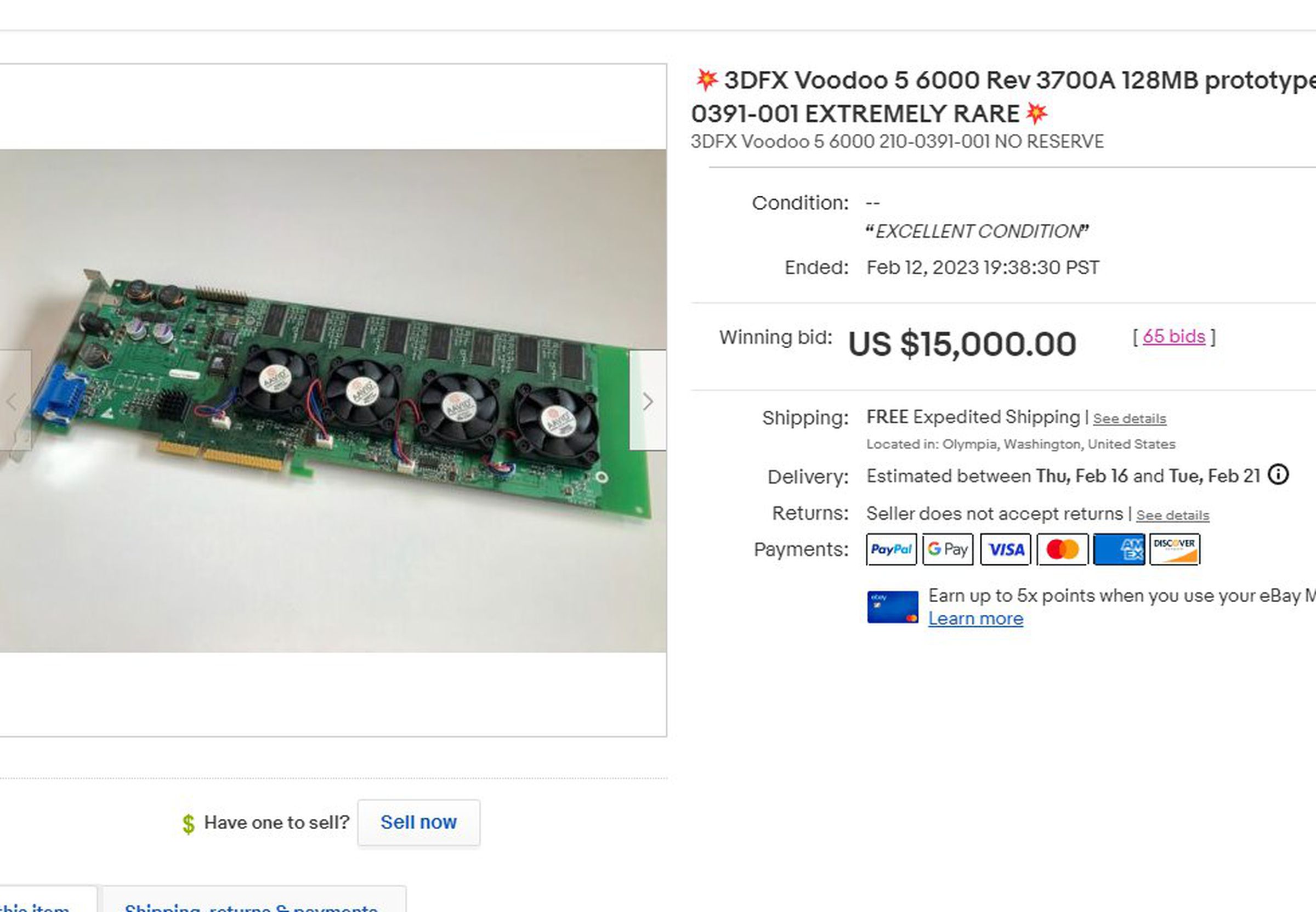 eBay listing for a prototype 3DFX Voodoo 5 6000 graphics card
