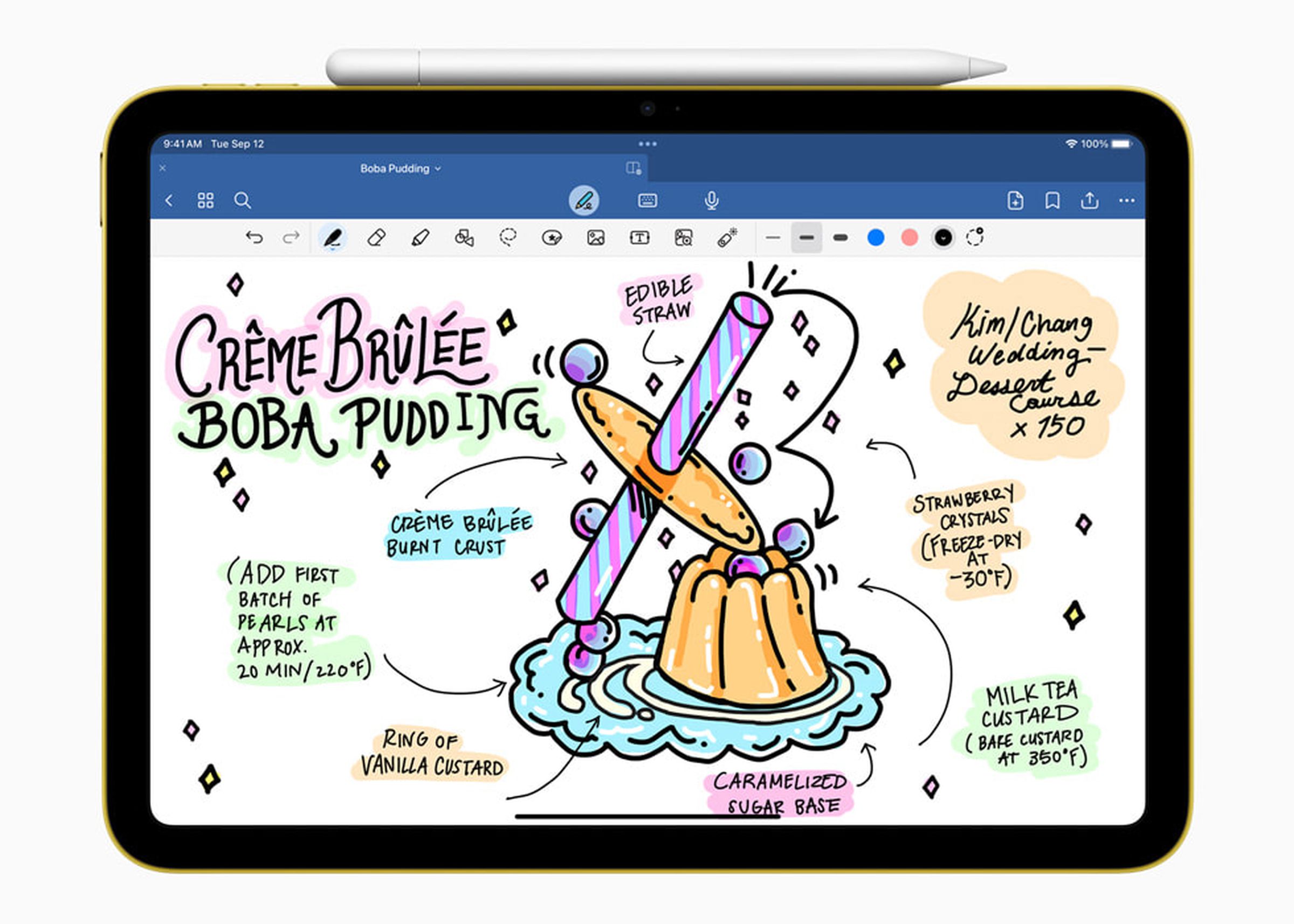 A picture of an iPad with the new Apple Pencil attached.