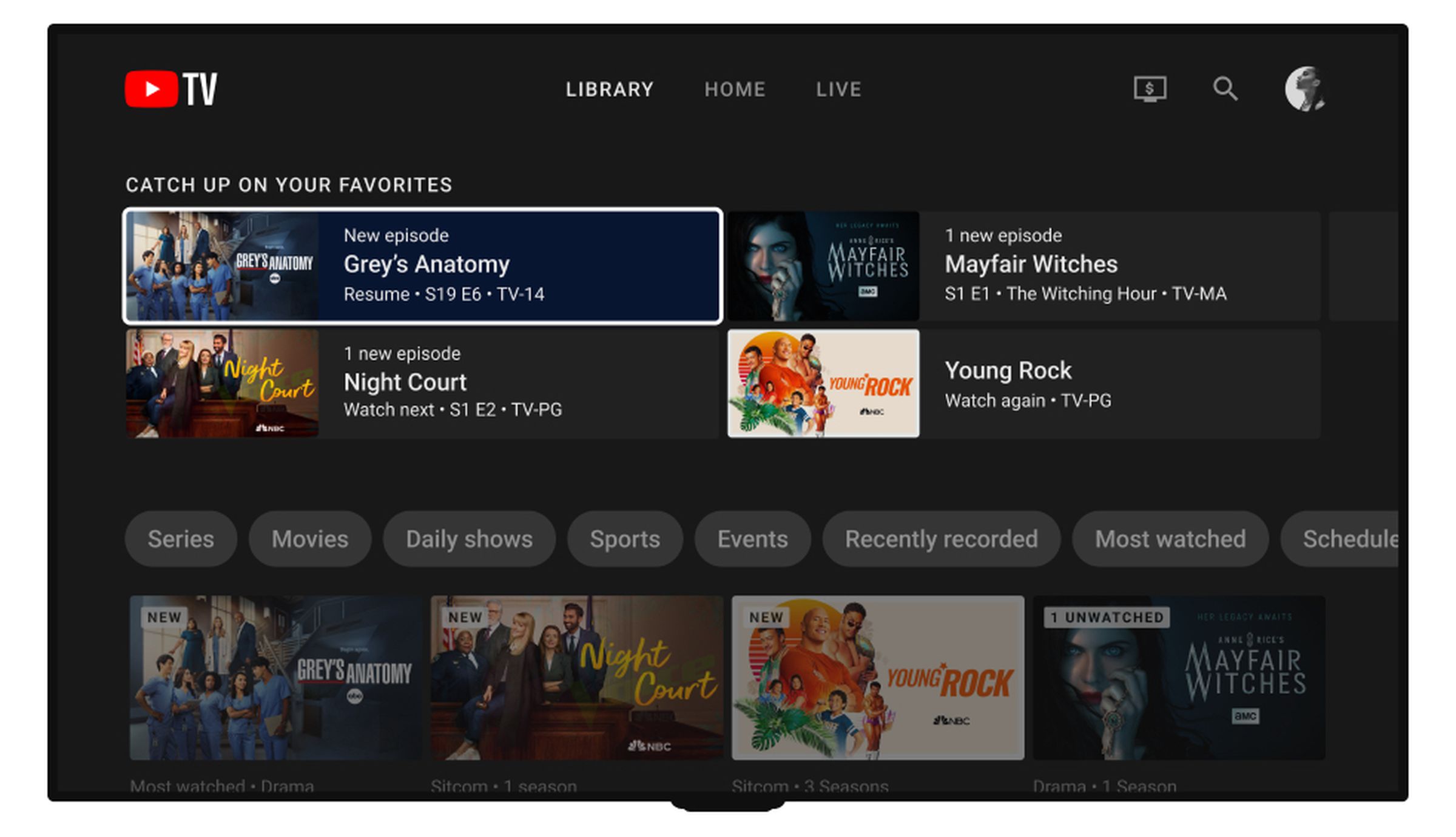 A screenshot of YouTube TV’s redesigned library page.