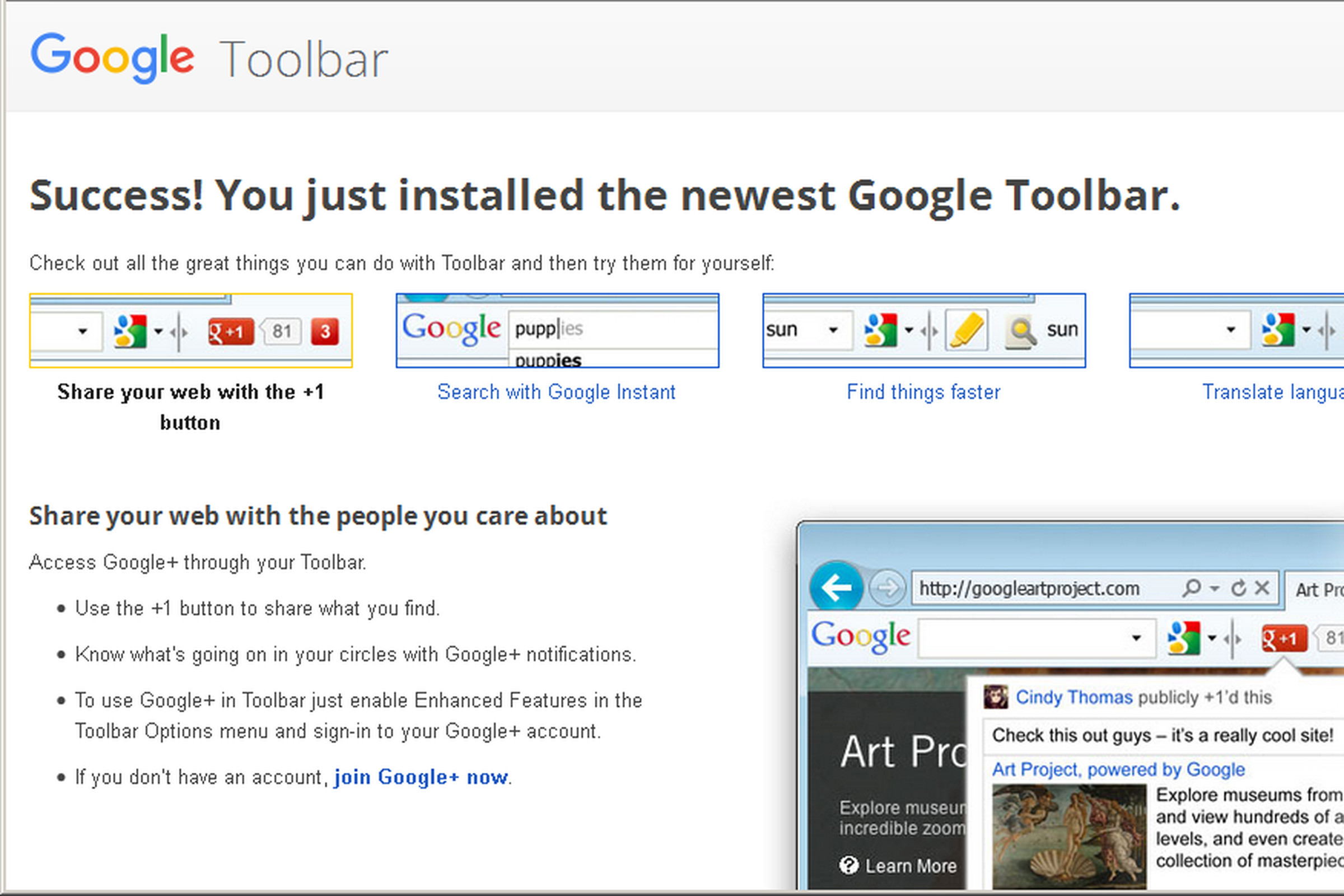 This is the page that opens after installing Google Toolbar, giving a synopsis of some of its features.