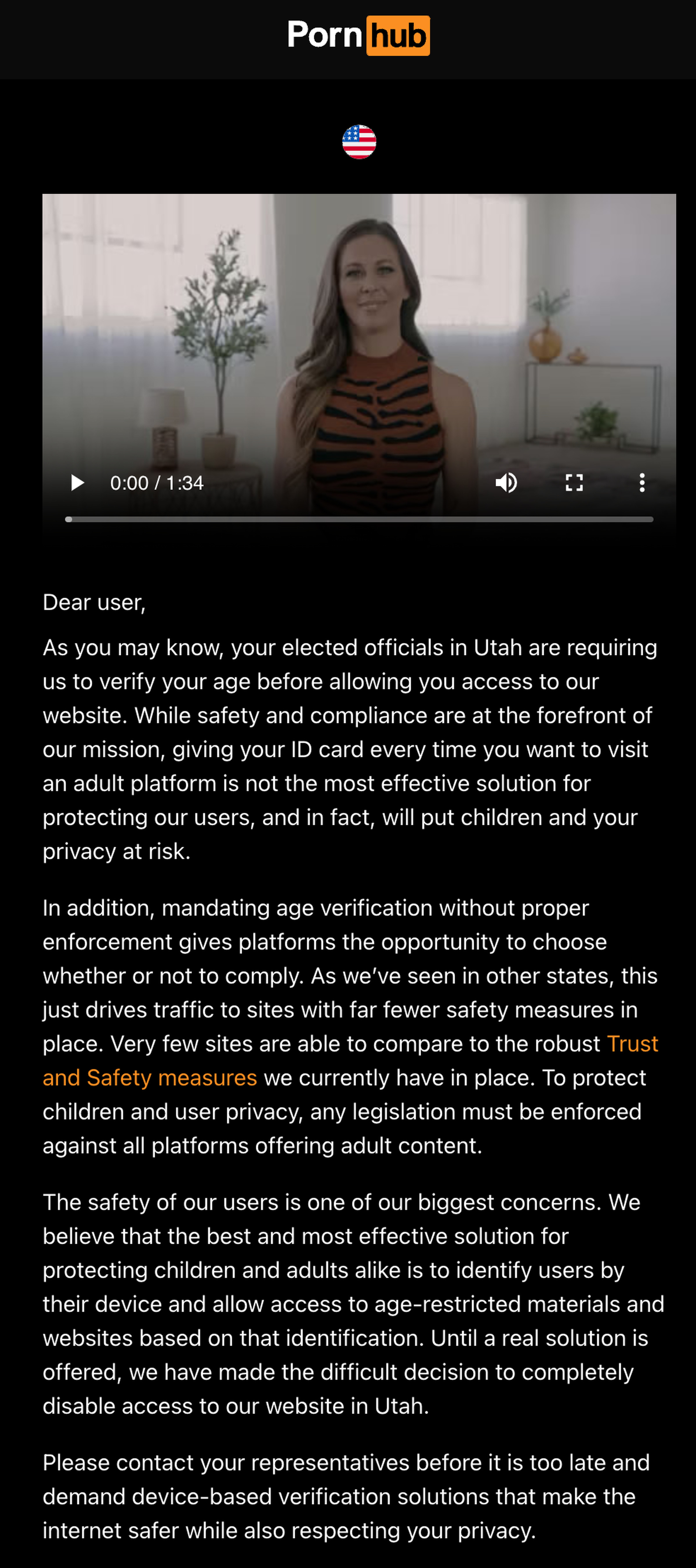 A screenshot of the message as seen on Pornhub for Utah users.