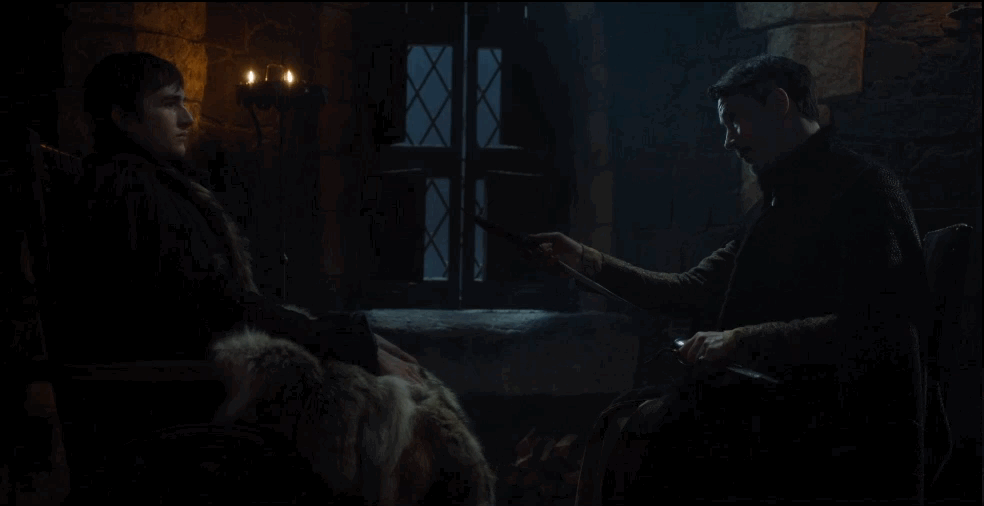 Littlefinger hands off the dagger to Bran.