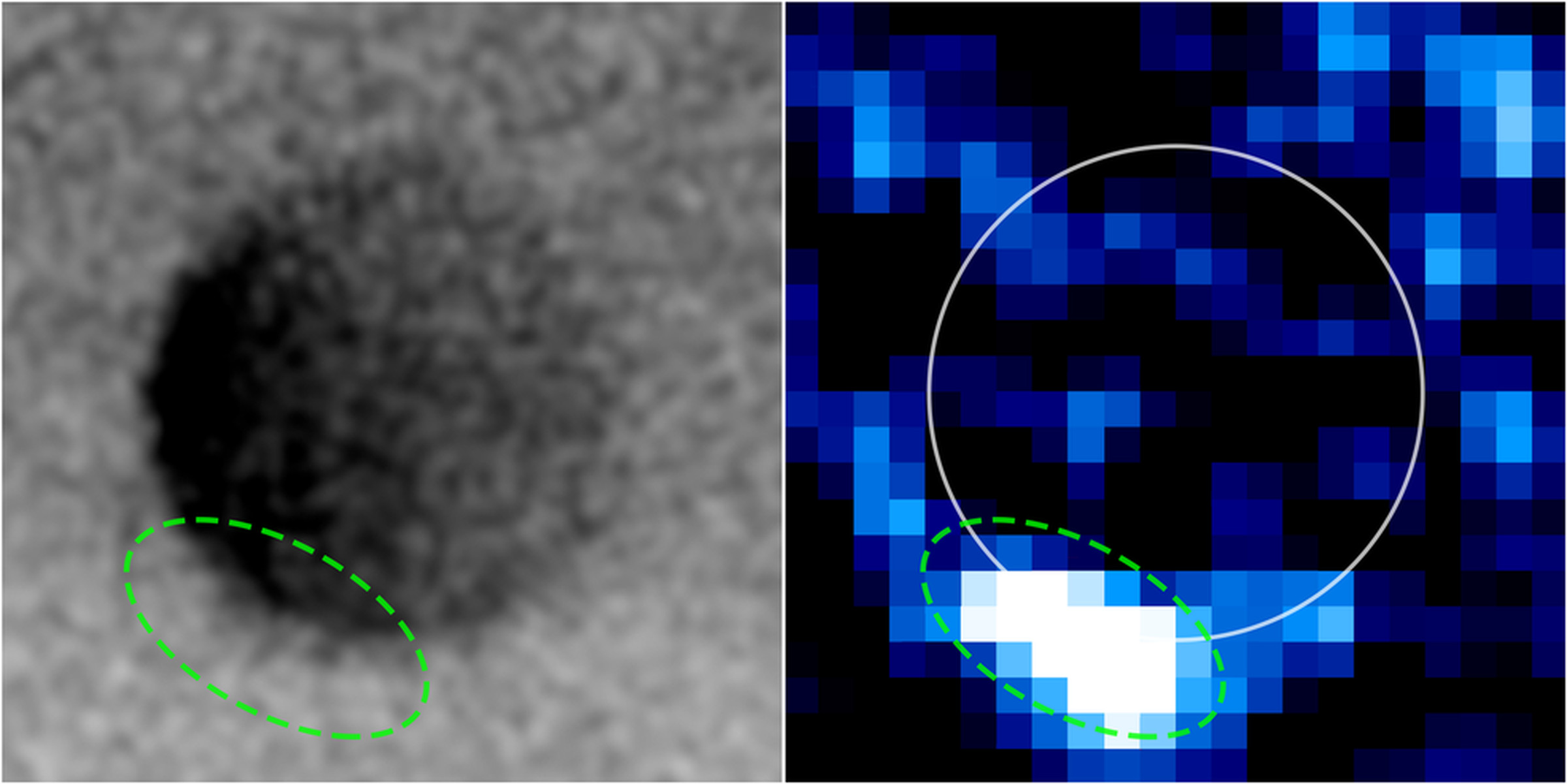 On the left is an image taken by Sparks’ team that shows what appears to be water plumes. On the right is a measurement of aurorae from the 2012 findings.