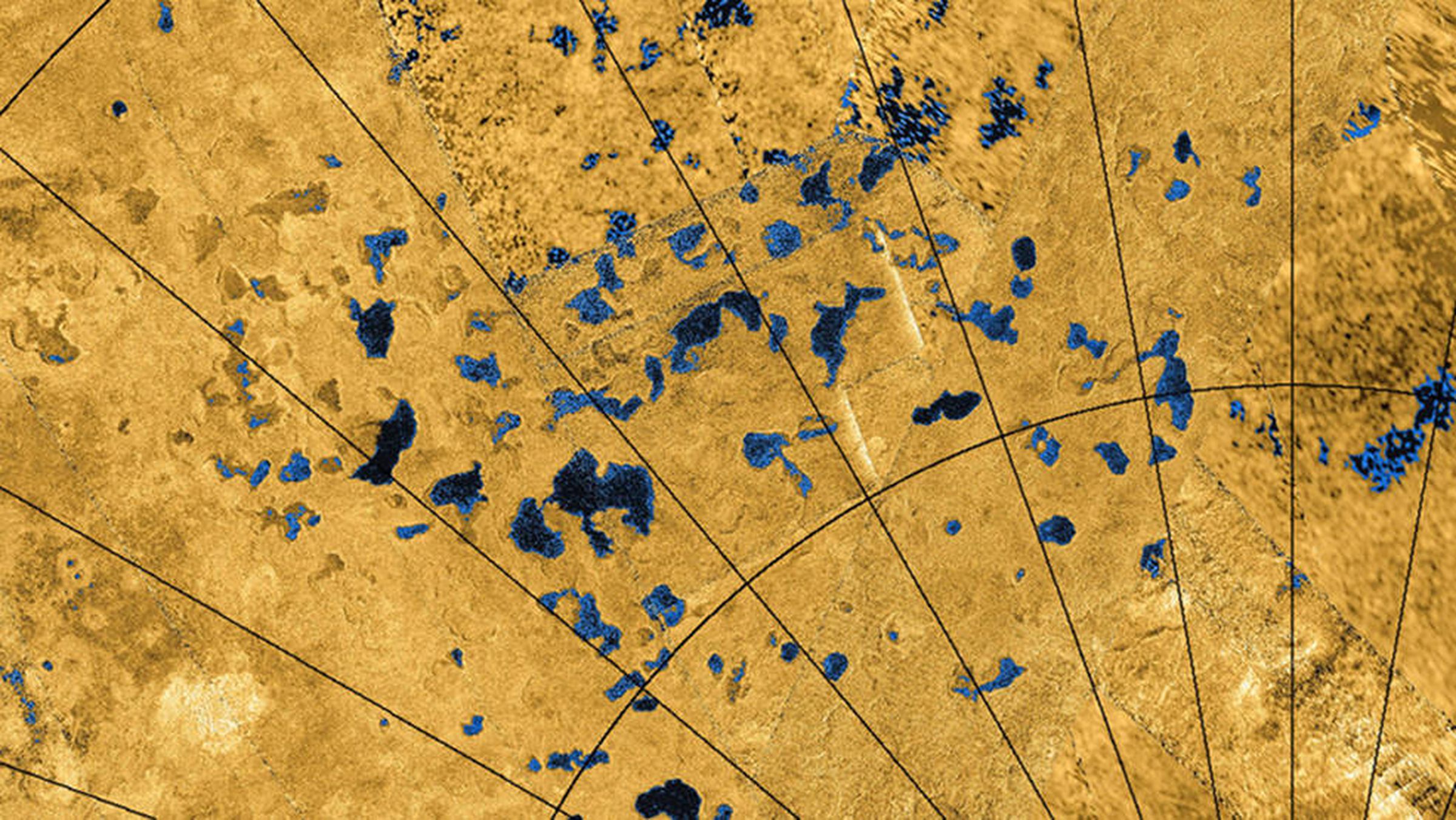 Radar images from NASA’s Cassini spacecraft that show lakes and depressions on Titan’s surface.