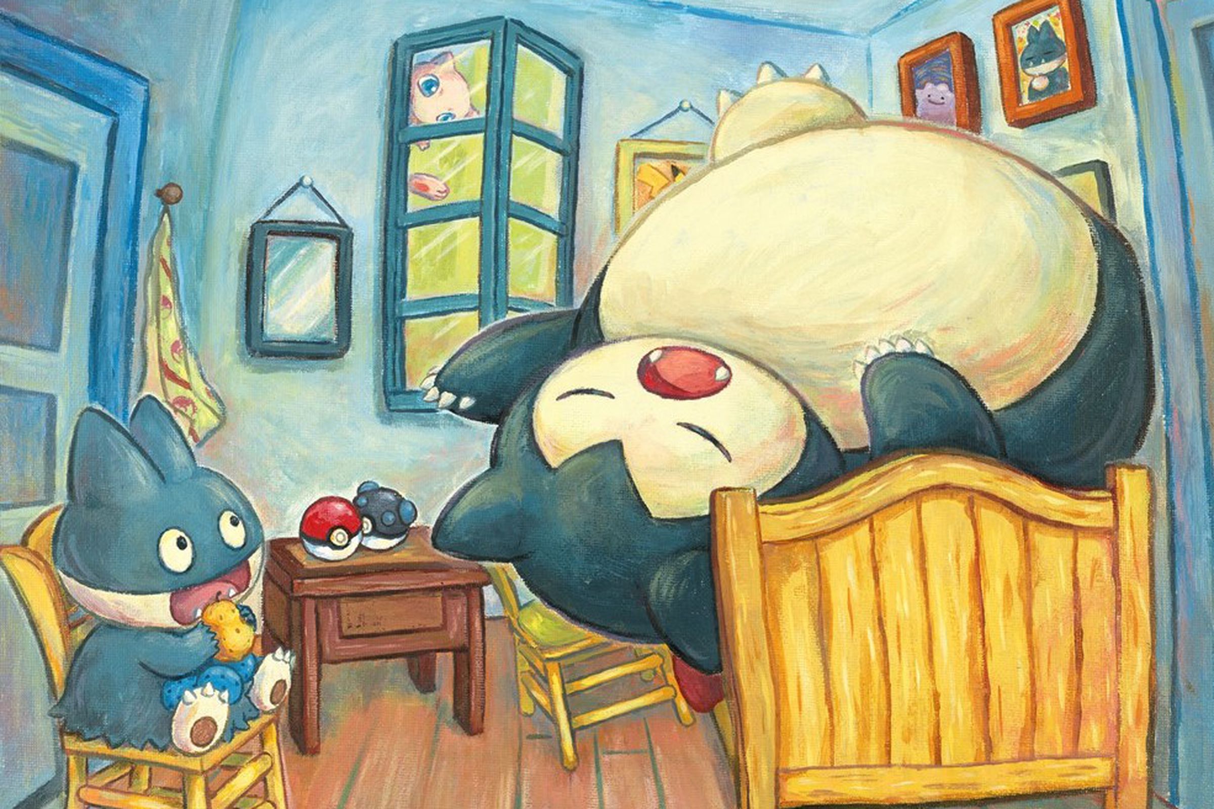 A painting of two bear-like creatures — one small one sitting in a chair eating fruit, and the other is much larger and sleeping in a bed — in a cramped room.