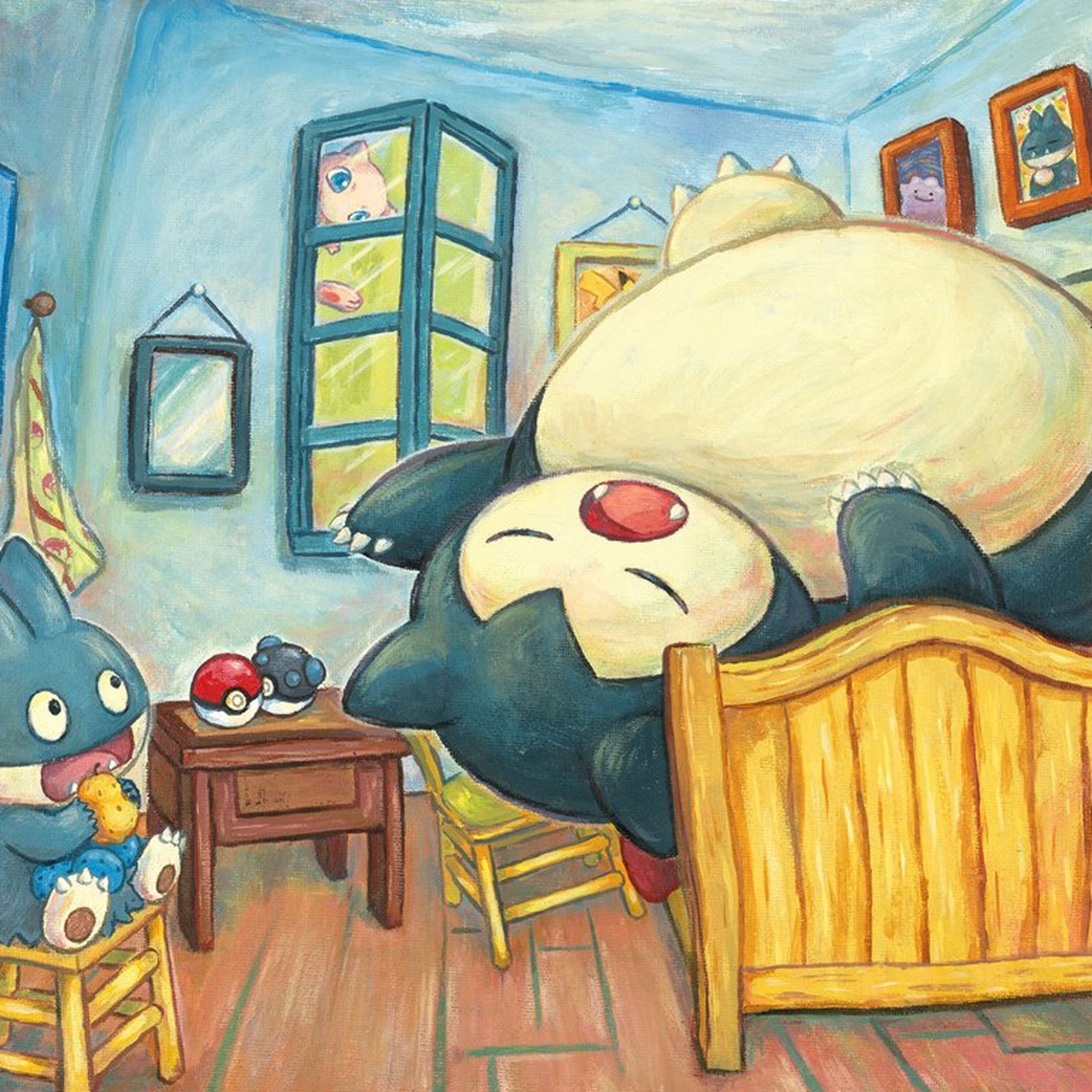 A painting of two bear-like creatures — one small one sitting in a chair eating fruit, and the other is much larger and sleeping in a bed — in a cramped room.