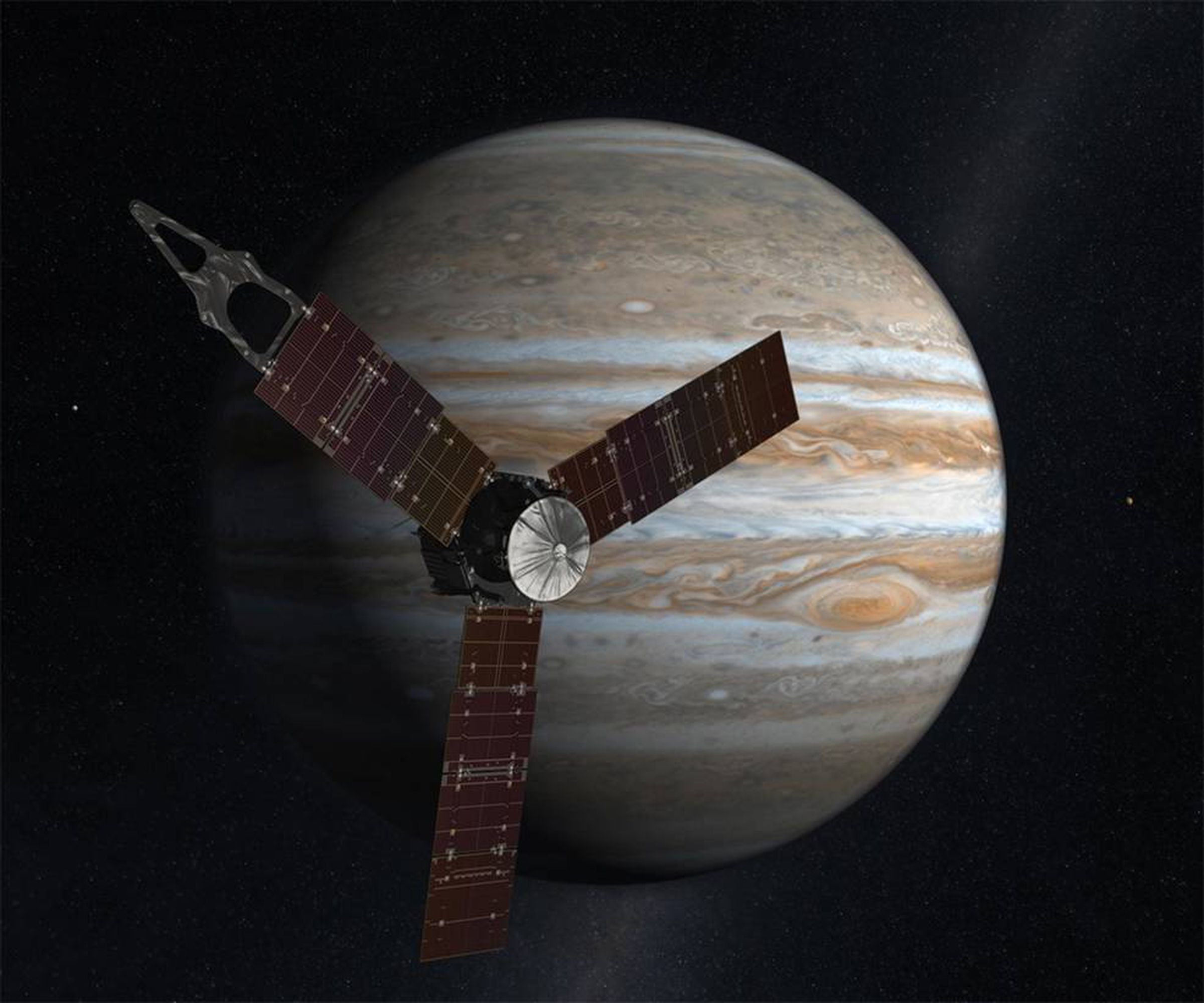 A rendering of NASA’s Juno spacecraft at Jupiter.