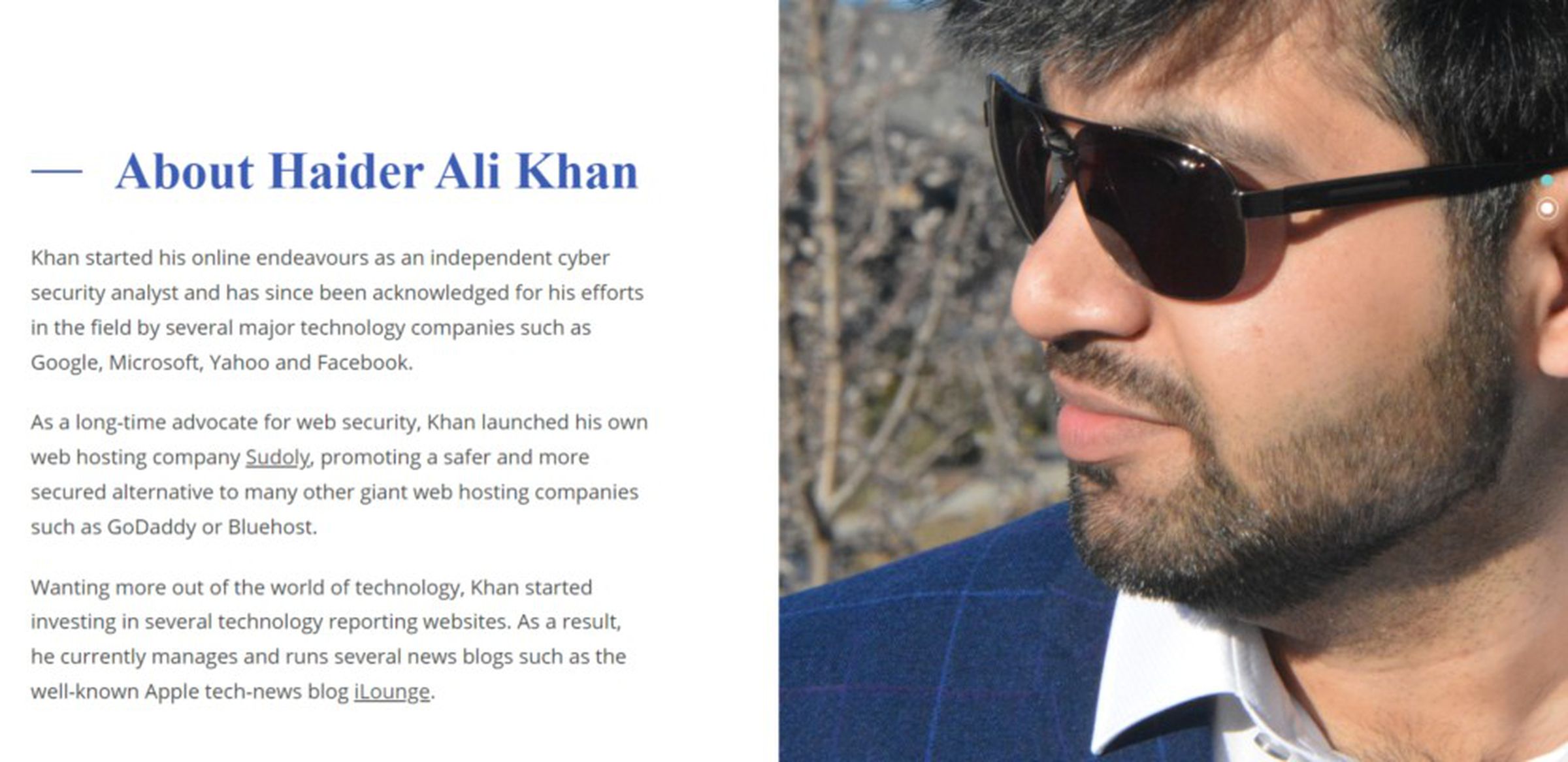 A screencap from a personal website for Khan that is no longer accessible.