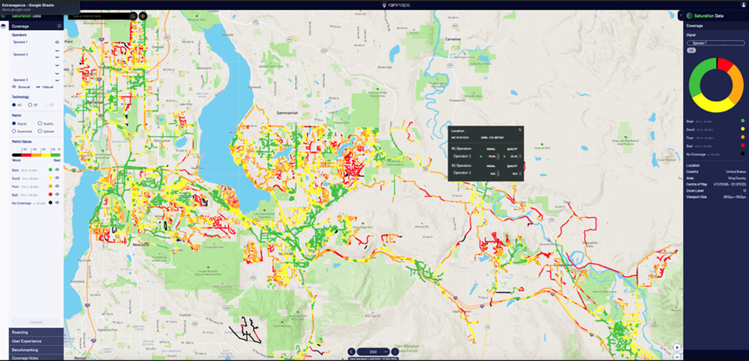Image of a map showing cellular signal strength in Seattle.
