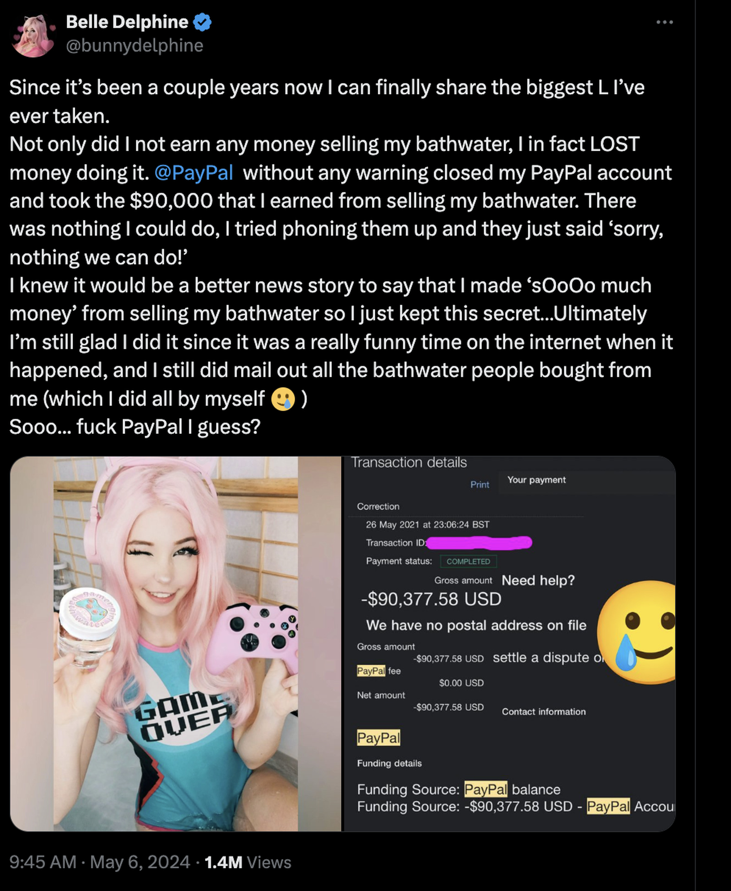 Screenshot from X featuring a post from Belle Delphine explaining how PayPal confiscated $90,000 in profit from her 2019 sale of her bathwater.