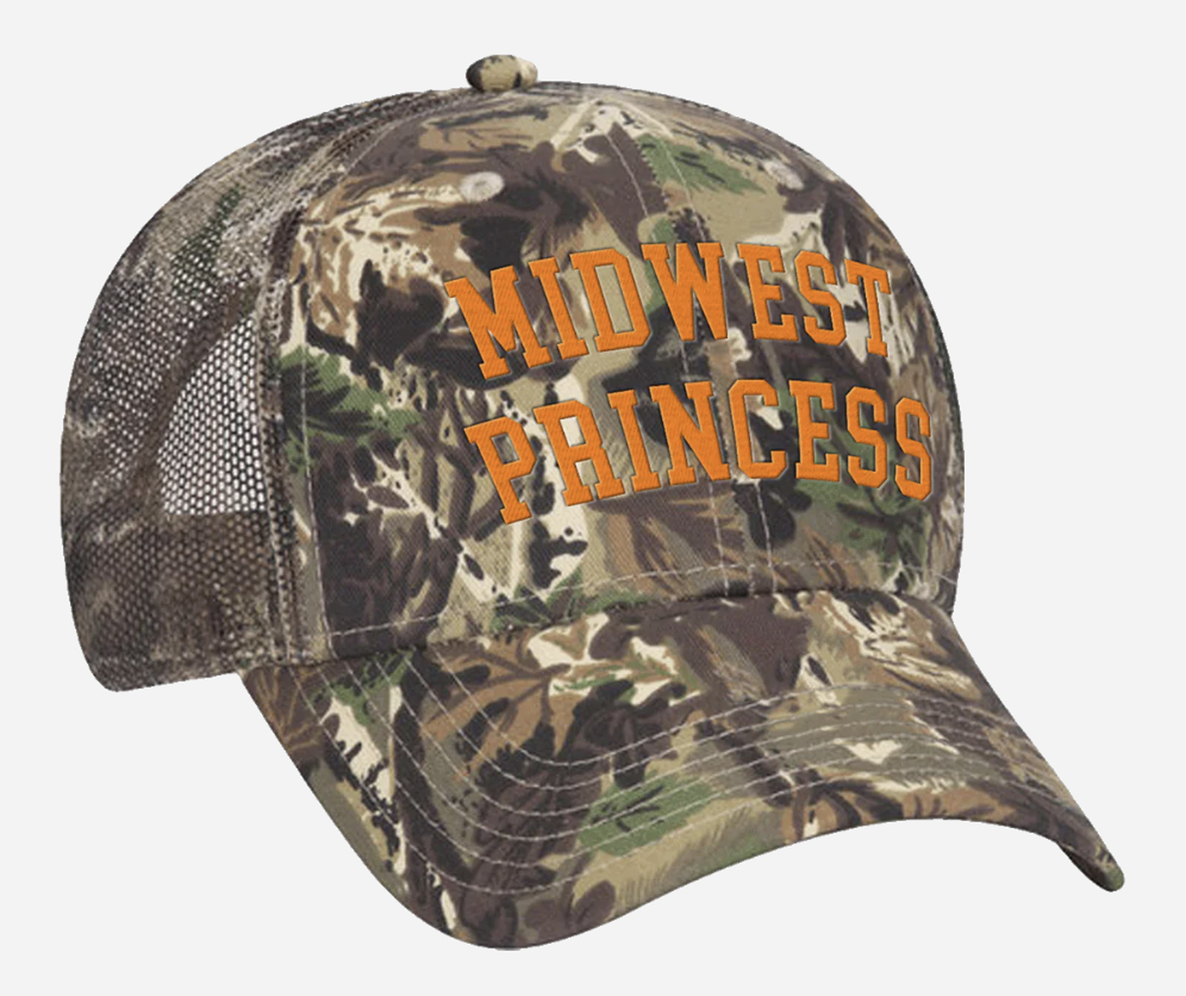 Camo hat reading MIDWEST PRINCESS in orange letters. It is a merch item by pop artist Chappell Roan.