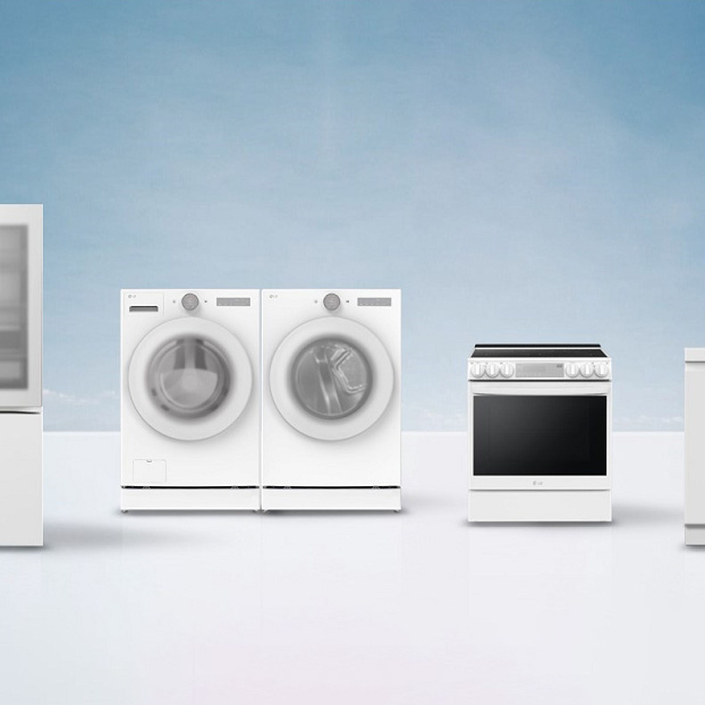 Photo of LG’s all white fridge, washing machine, dryer, oven, and dishwasher showing cleaner design on white and blue background.